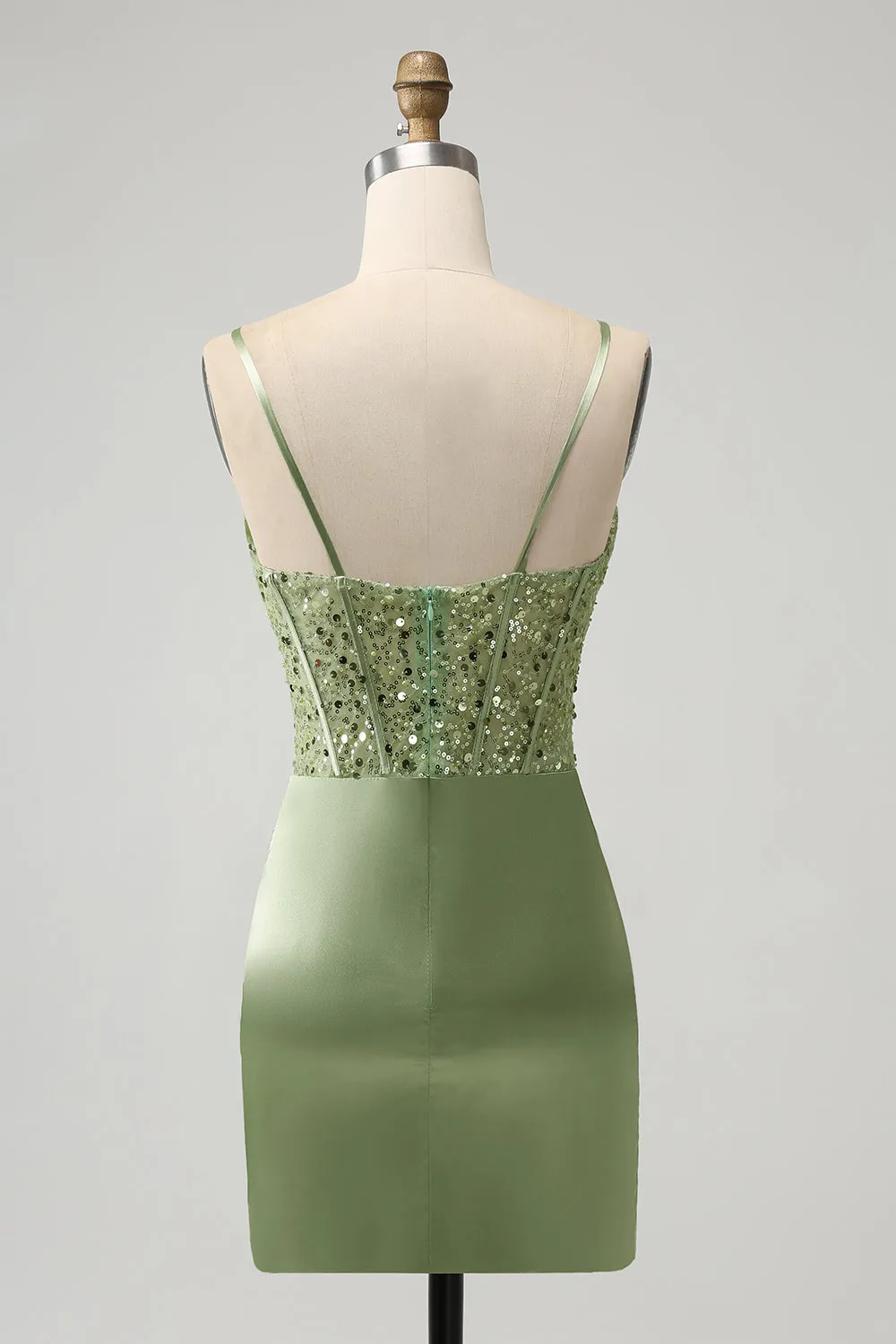 Glitter Sage Green Bodycon Sequin Corset Mini Dress with Slit