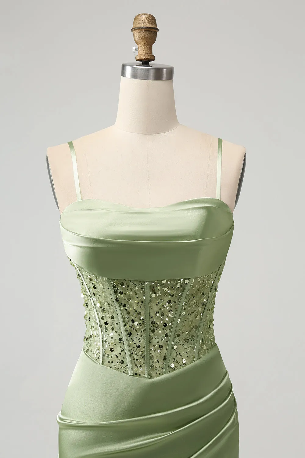 Glitter Sage Green Bodycon Sequin Corset Mini Dress with Slit