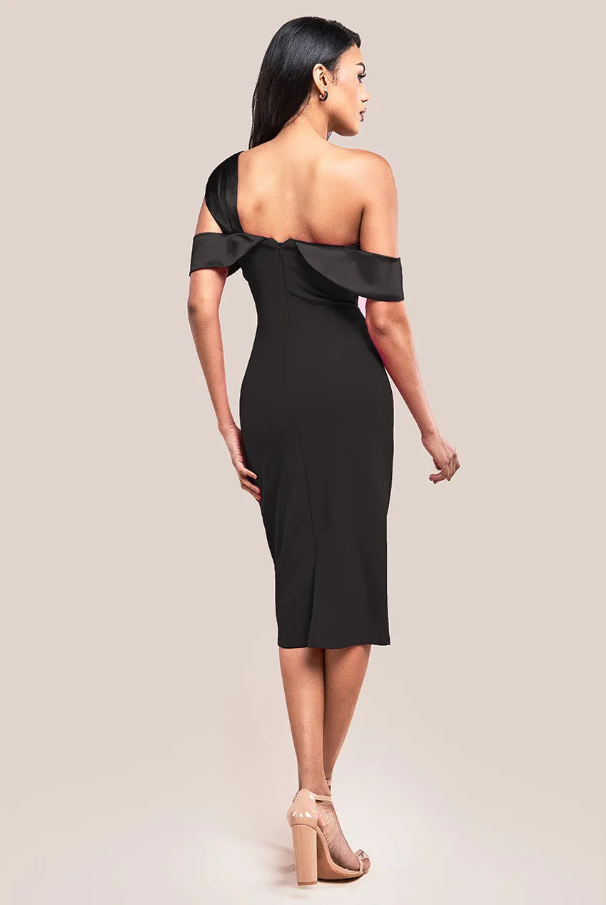 Goddiva One Shoulder Satin Band Bodycon Midi Dress - Black