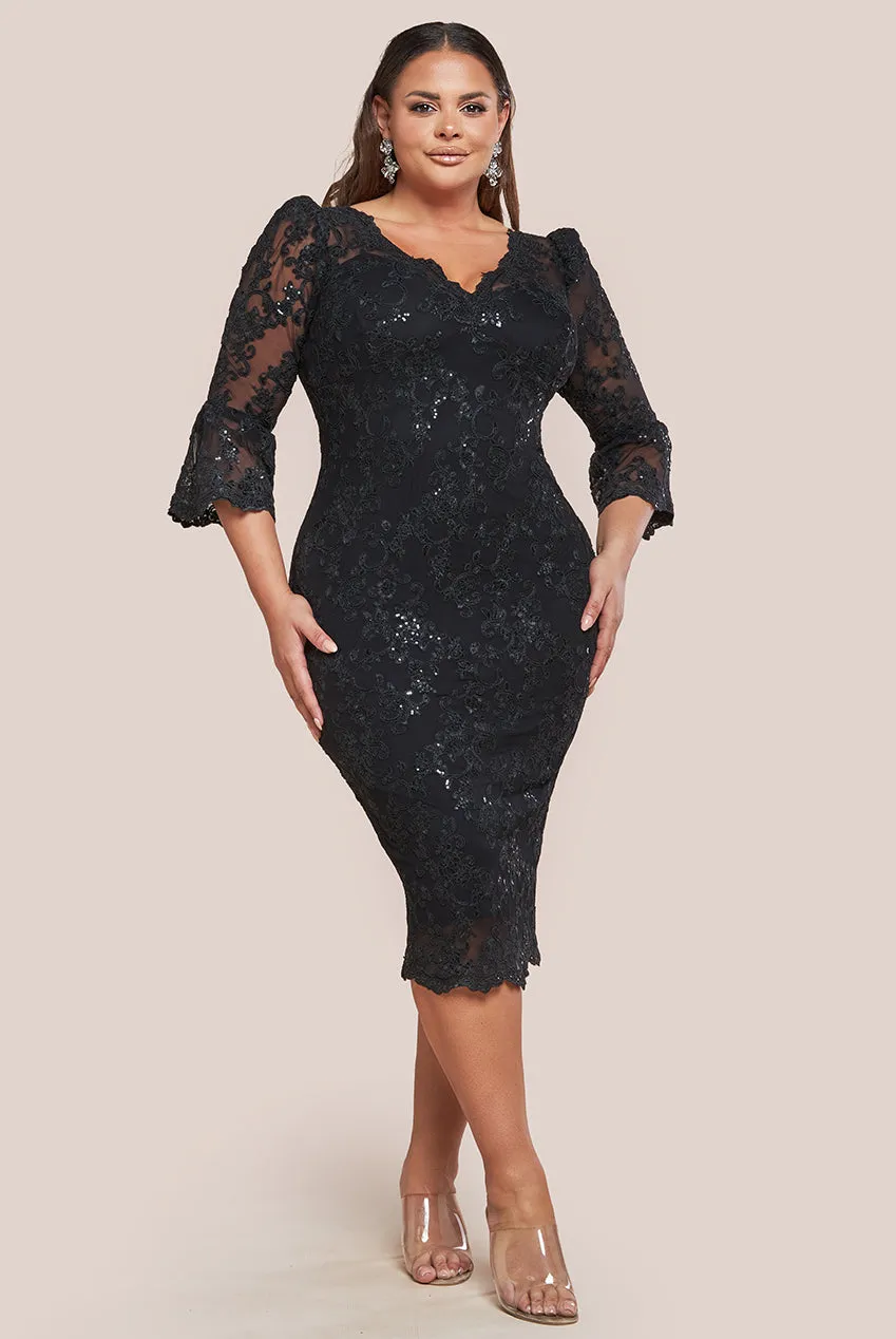 Goddiva Plus Scallop Lace Midi Dress - Black