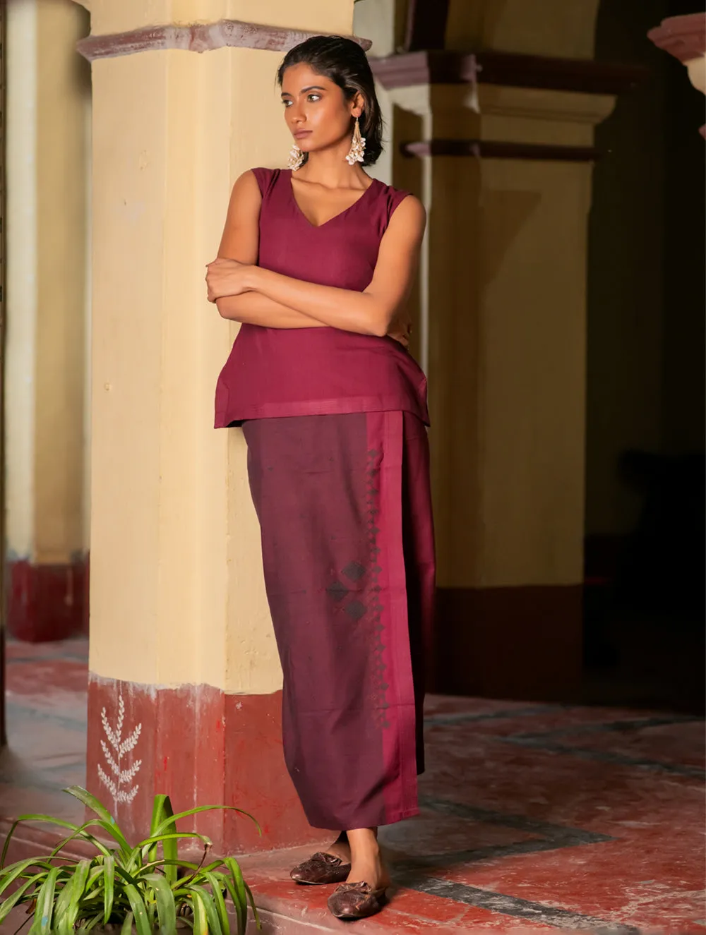 Handwoven Elegance. Kashida Pattu Cotton Wrap Skirt & Top Set - Deep Maroon