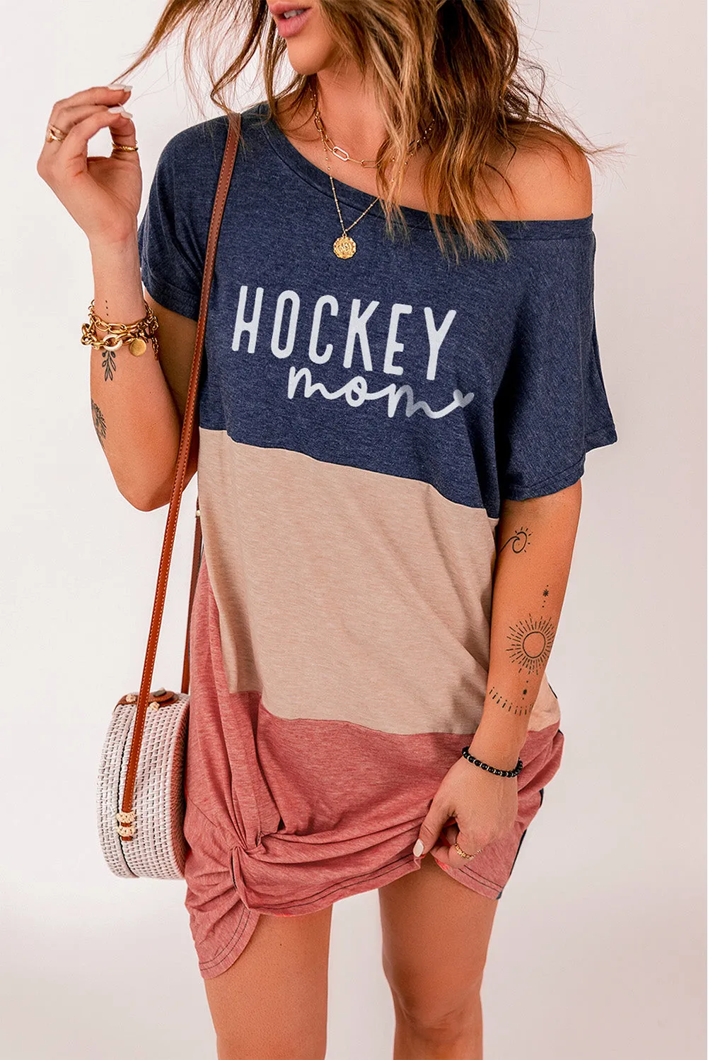 HOCKEY Mom Color Block Twist Knot Crew Neck Bodycon Mini Dress