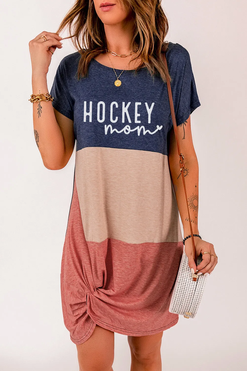 HOCKEY Mom Color Block Twist Knot Crew Neck Bodycon Mini Dress