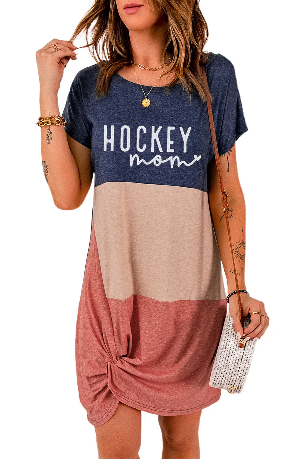 HOCKEY Mom Color Block Twist Knot Crew Neck Bodycon Mini Dress