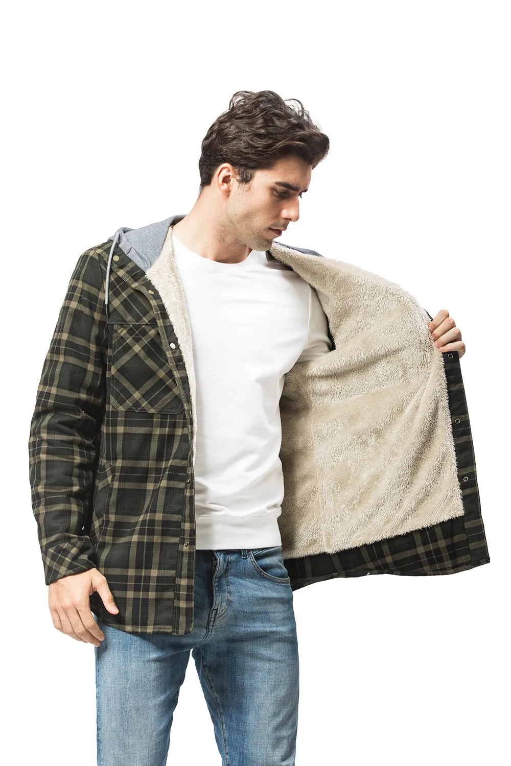 Ilooove - Men's Hooded Plaid Coat Jacket Green Plaid Quilted Sleeves Jacket  Men's Coat Fleece Lined Plush Large Winter Warm Cotton Jacket