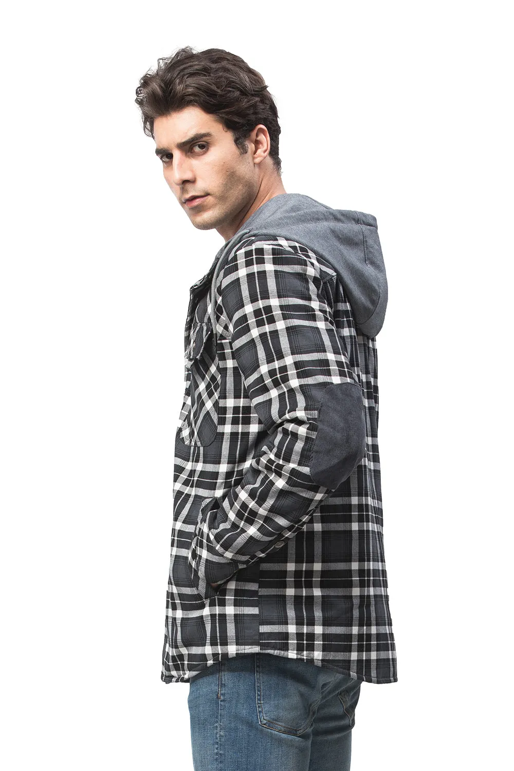 Ilooove - Men's Hooded Plaid Coat Jacket Grey Plaid Quilted Sleeves Jacket  Men's Coat Fleece Lined Plush Large Winter Warm Cotton Jacket