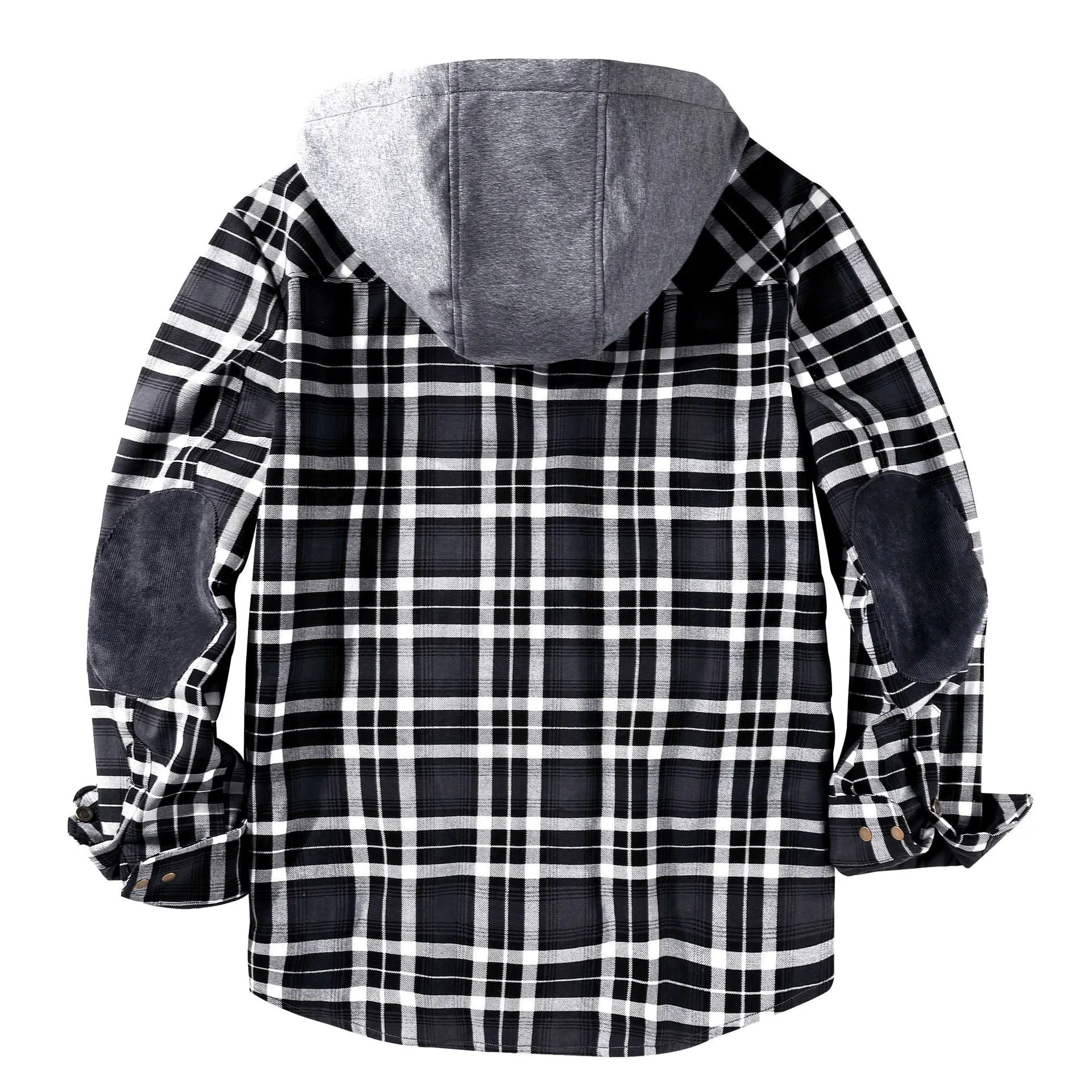 Ilooove - Men's Hooded Plaid Coat Jacket Grey Plaid Quilted Sleeves Jacket  Men's Coat Fleece Lined Plush Large Winter Warm Cotton Jacket