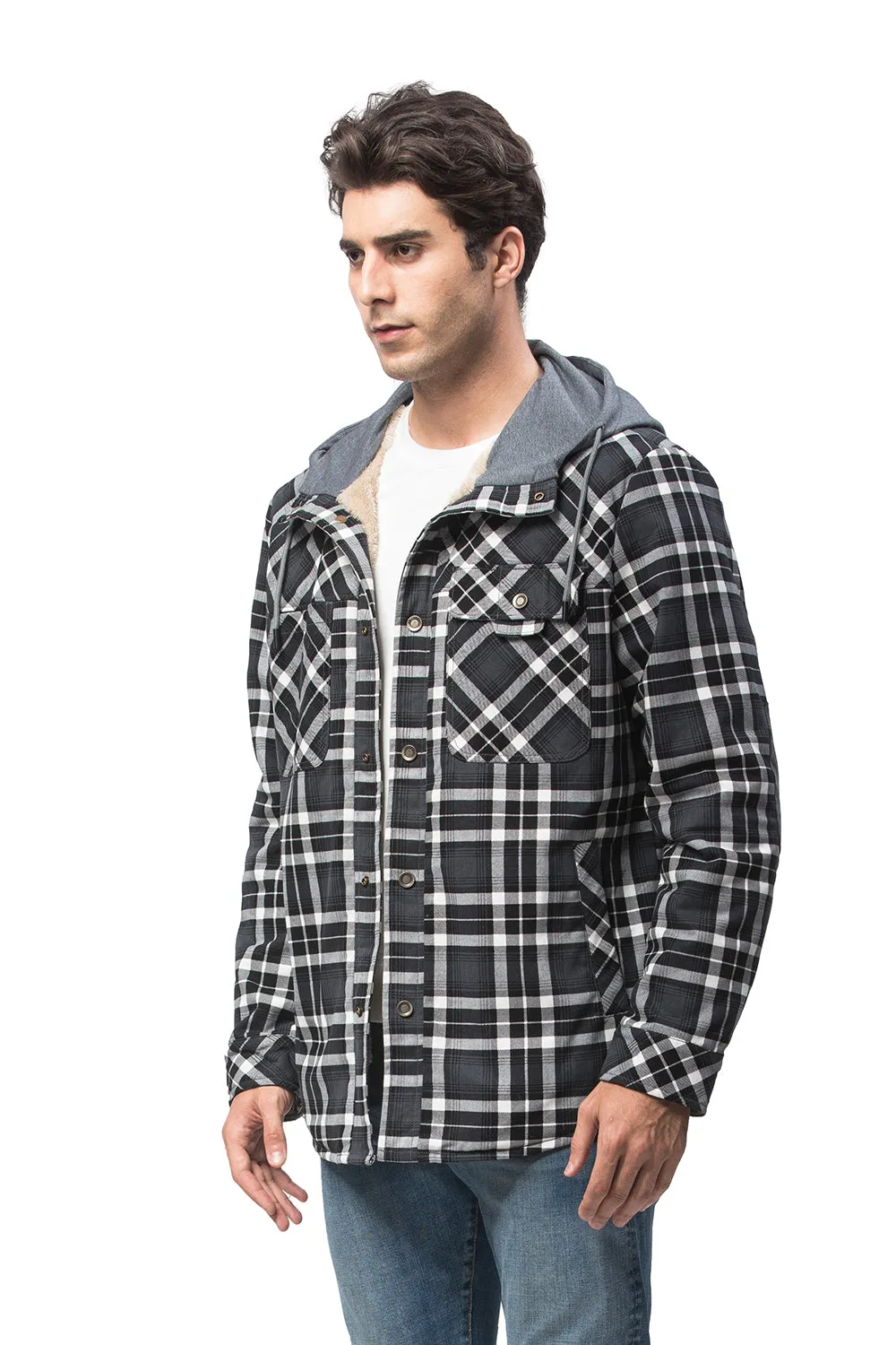 Ilooove - Men's Hooded Plaid Coat Jacket Grey Plaid Quilted Sleeves Jacket  Men's Coat Fleece Lined Plush Large Winter Warm Cotton Jacket