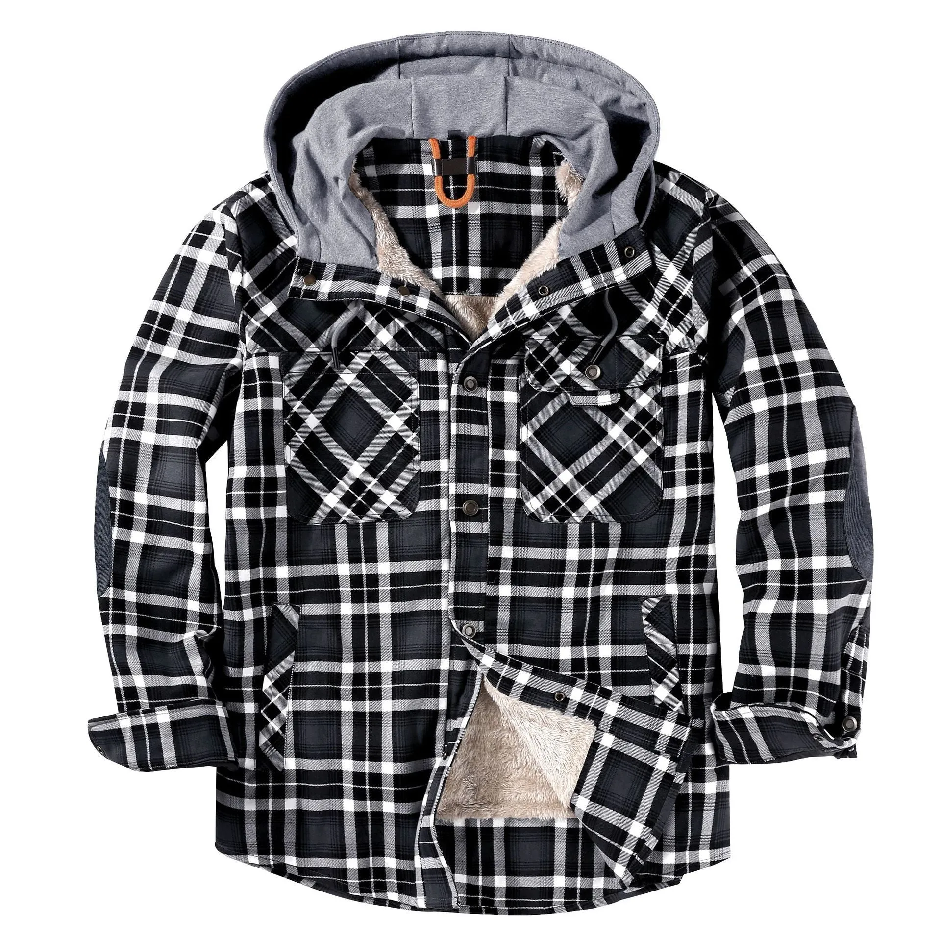 Ilooove - Men's Hooded Plaid Coat Jacket Grey Plaid Quilted Sleeves Jacket  Men's Coat Fleece Lined Plush Large Winter Warm Cotton Jacket