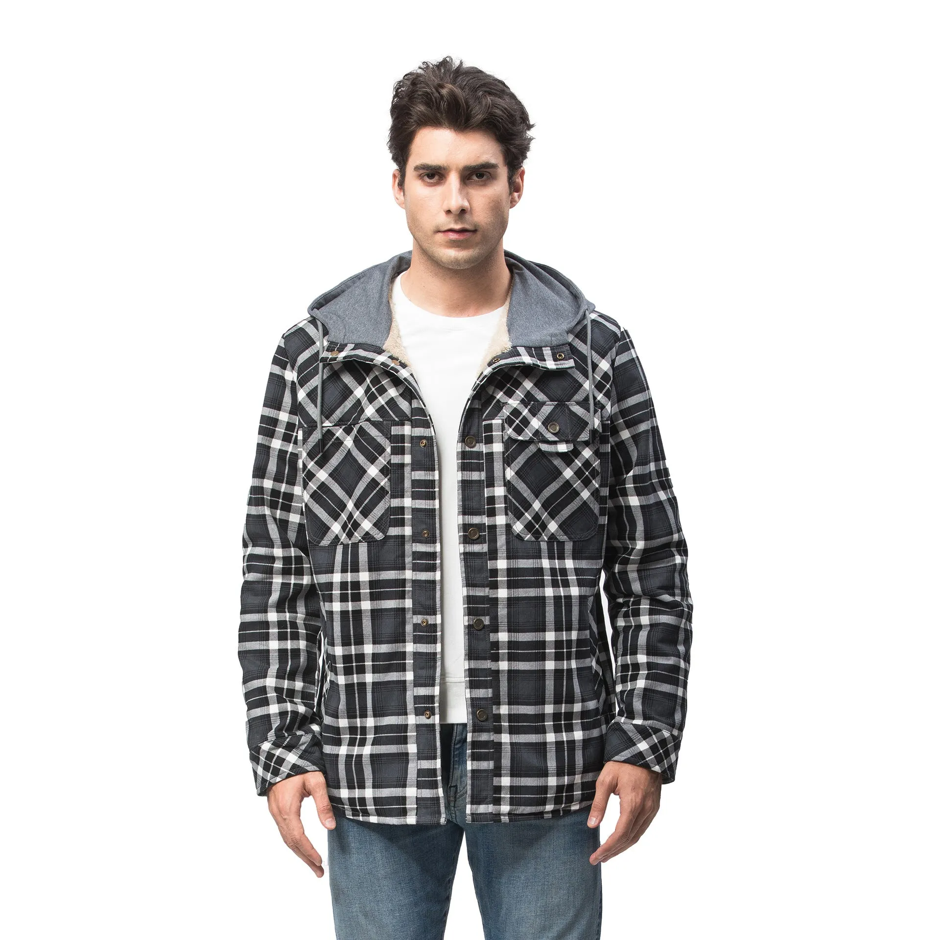 Ilooove - Men's Hooded Plaid Coat Jacket Grey Plaid Quilted Sleeves Jacket  Men's Coat Fleece Lined Plush Large Winter Warm Cotton Jacket