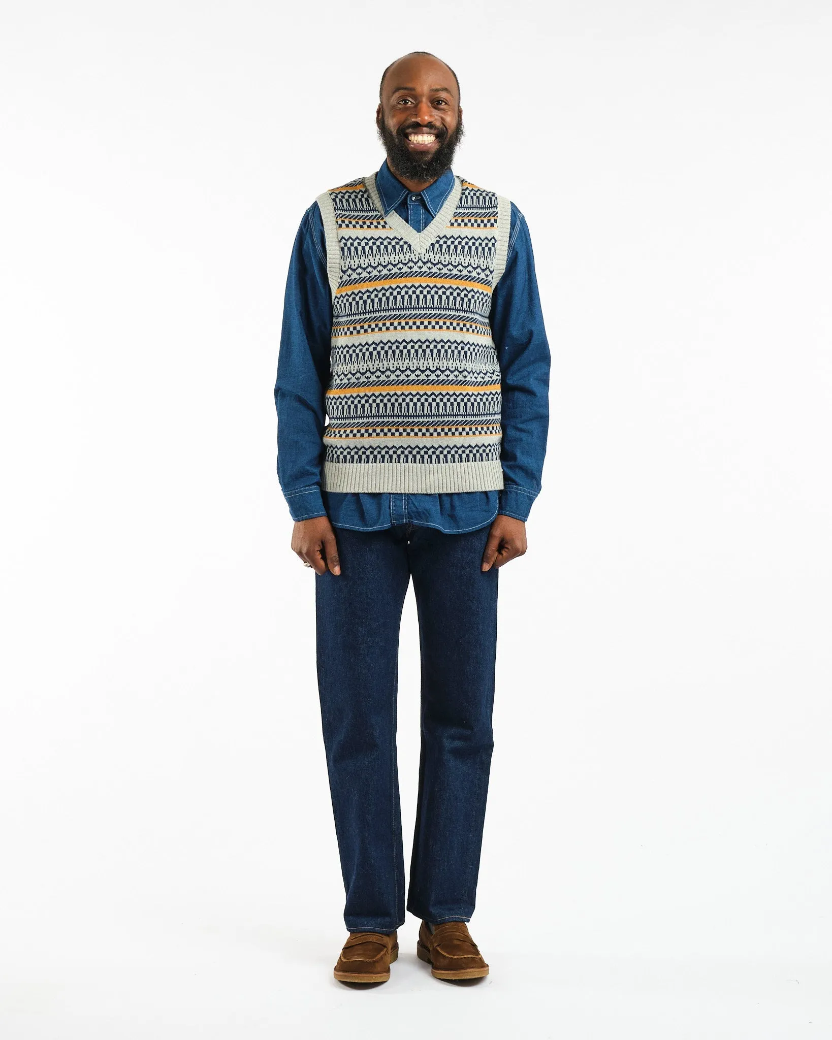 Indigo Knit Vest Fair isle Pattern Grey