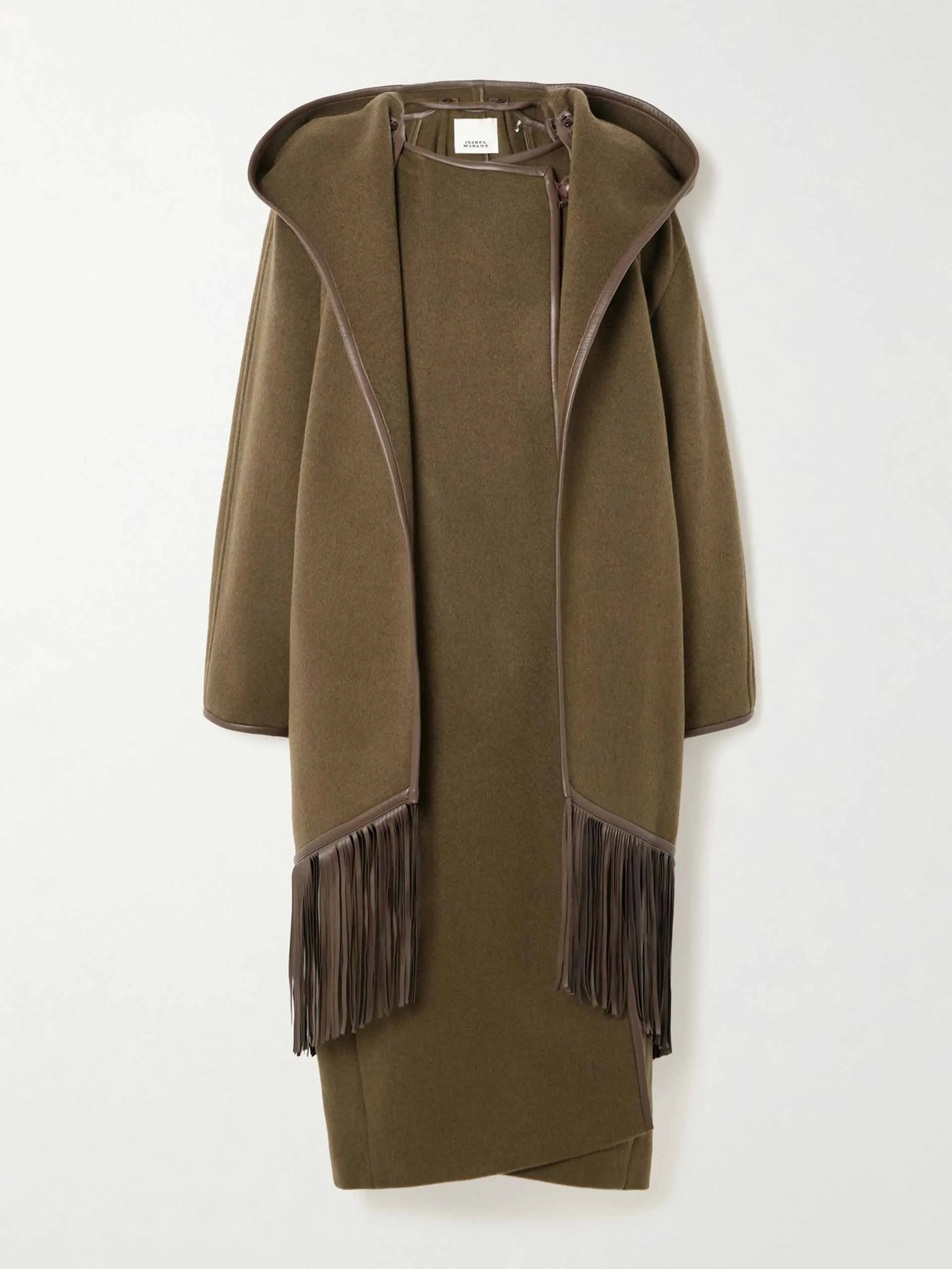 Irvana hooded layered fringed leather-trimmed wool-blend coat