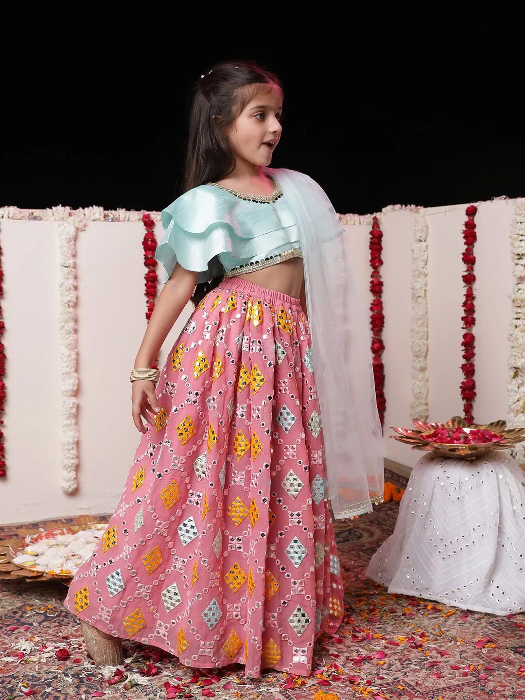 Jashvi Girls' Aqua And Pink Georgette Lehenga Set