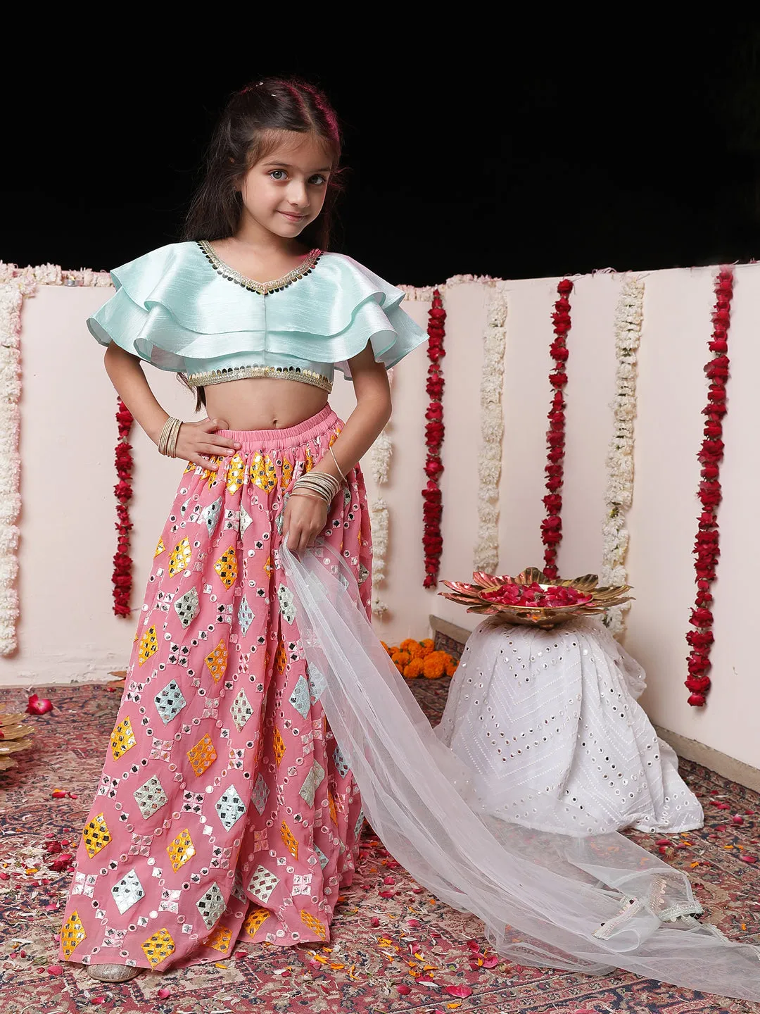 Jashvi Girls' Aqua And Pink Georgette Lehenga Set