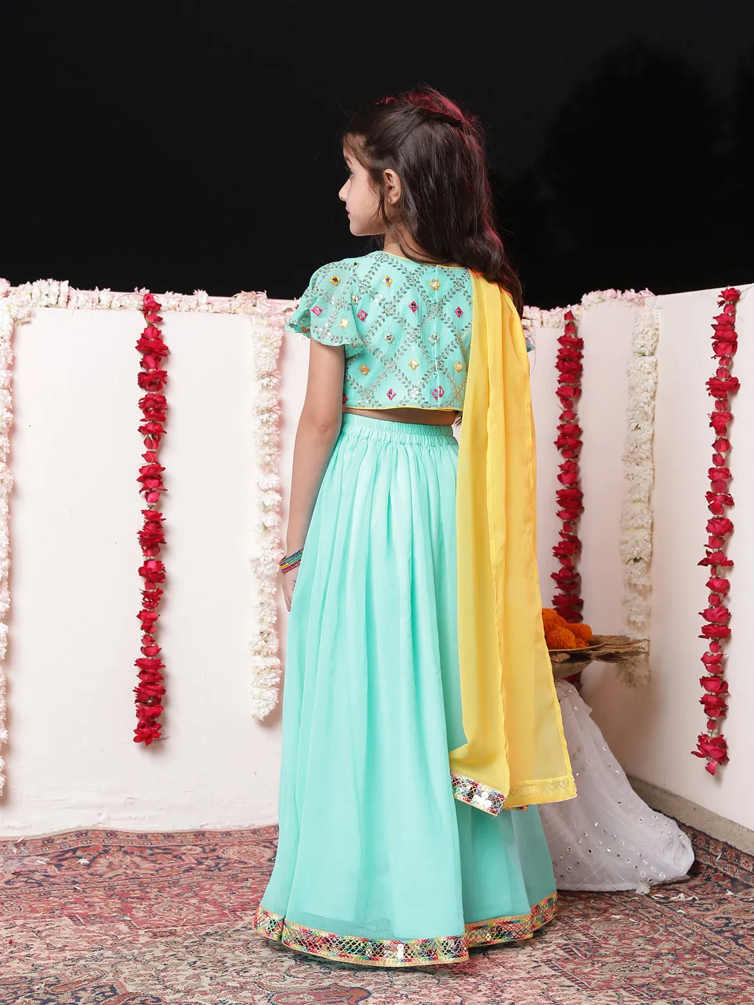 Jashvi Girls' Aqua Georgette Lehenga Set