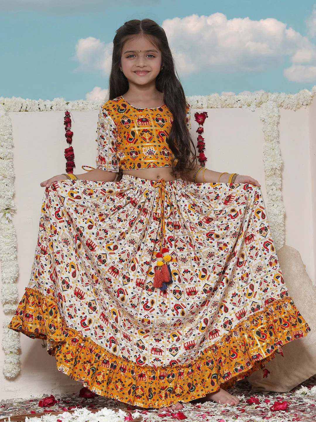 Jashvi Girls' Yellow And Cream Patola Print Lehenga Set