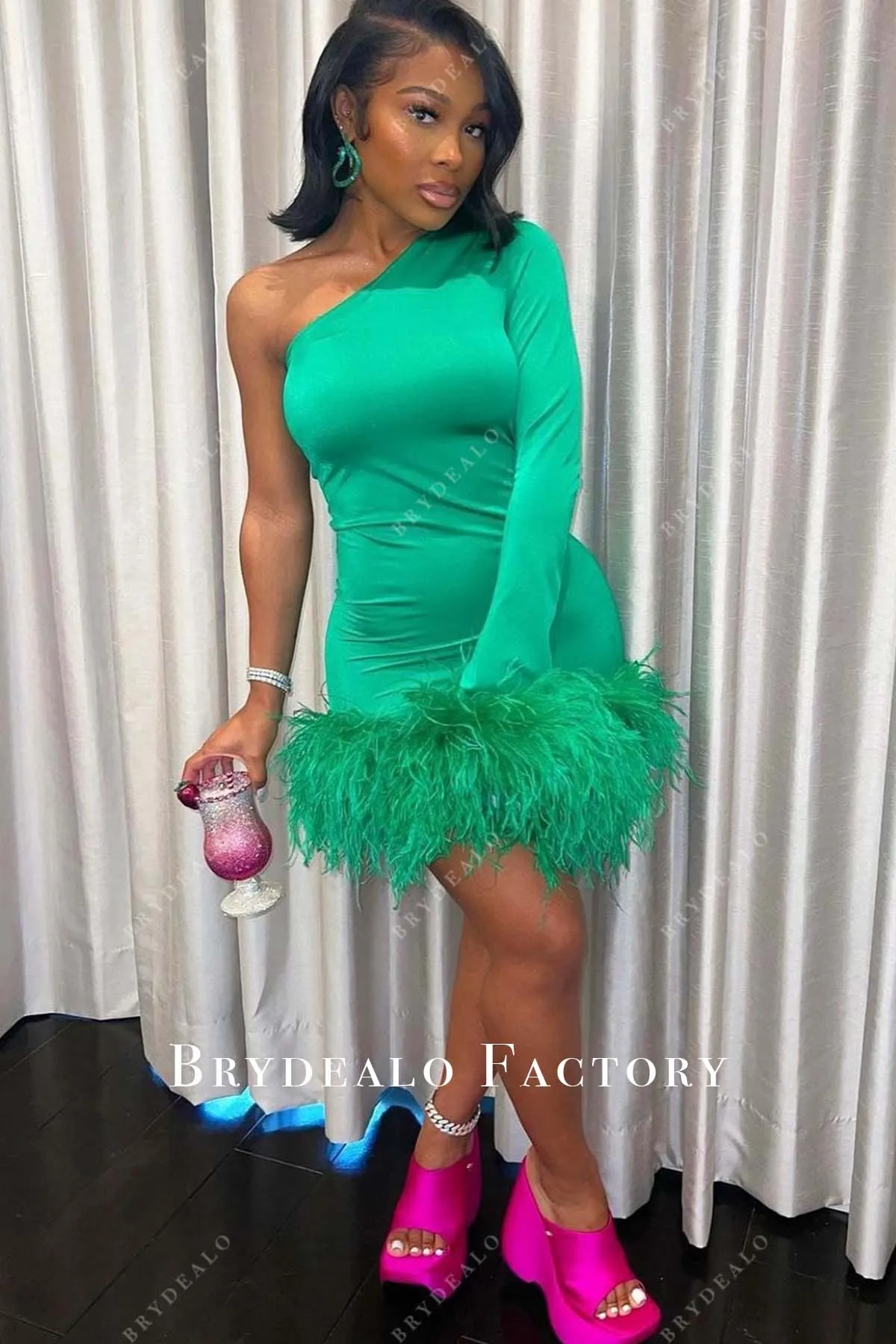 Jungle Green One Sleeve Ostrich Feathers Bodycon Mini Dress