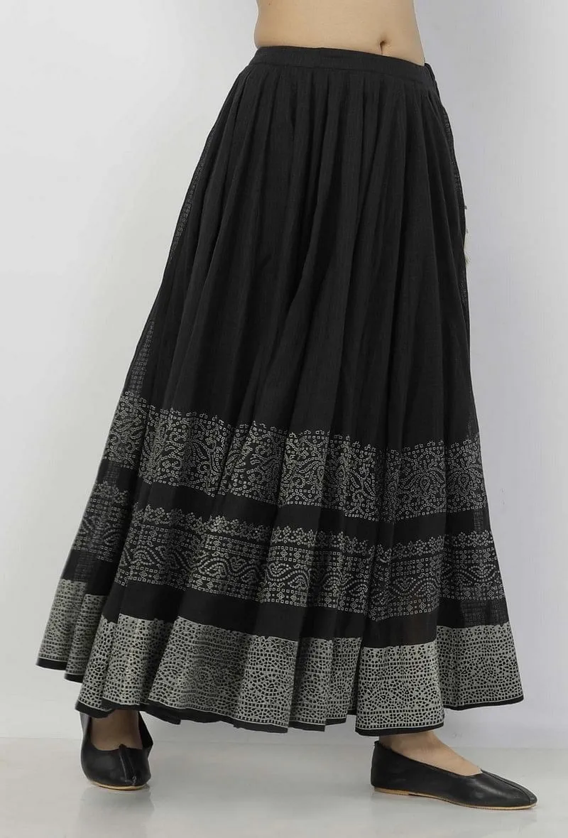 Kaani Black and White Tri Pattern Hand-Block Printed Tasseled Kota Skirt