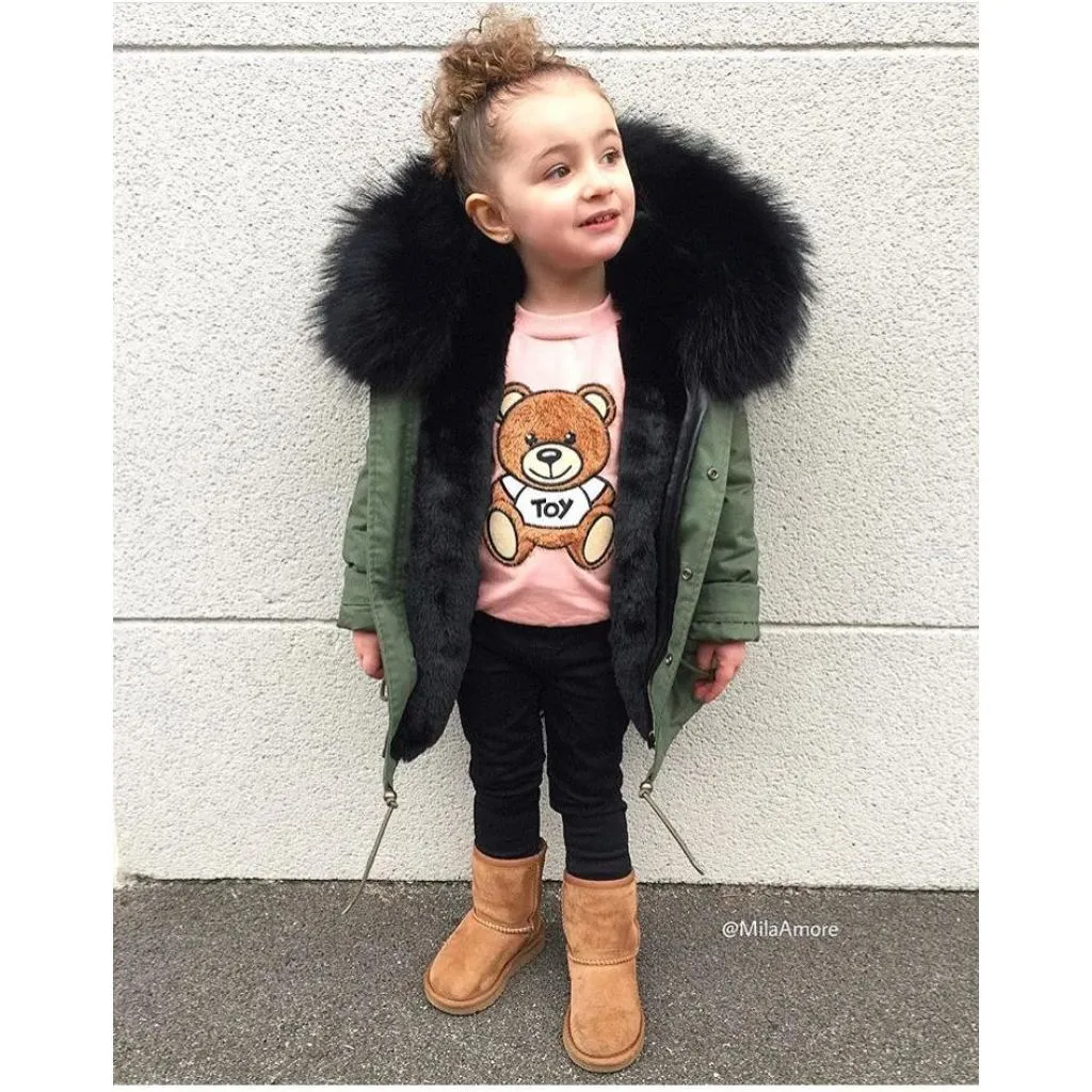 Kids Green Parka - Black Fur