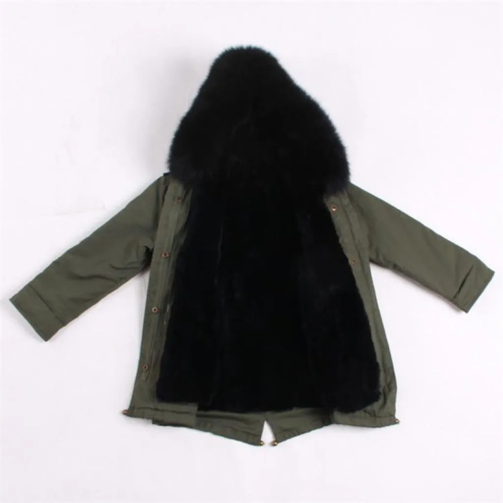 Kids Green Parka - Black Fur