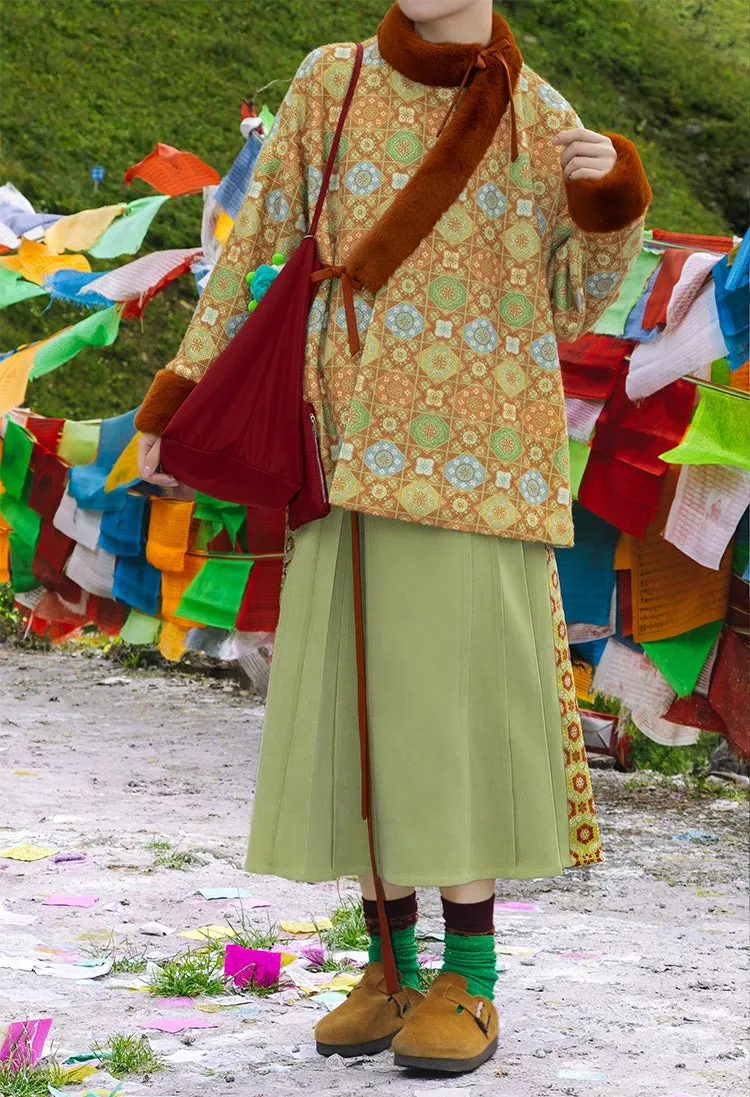 Lili Su 栗栗苏 Chestnut Candy Modern Weijin Quling Curved Collar Jacket & Midi Skirt Set