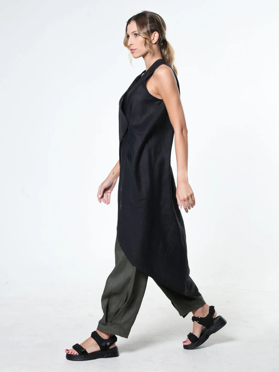 Long Linen Tunic Top In Black