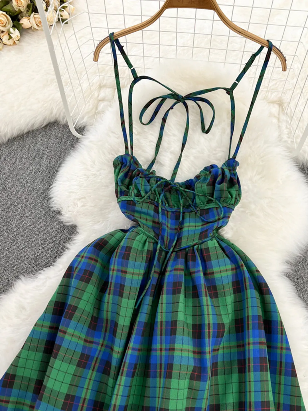 Lovely Green Plaid Halter Dress A-Line Fashion Dress