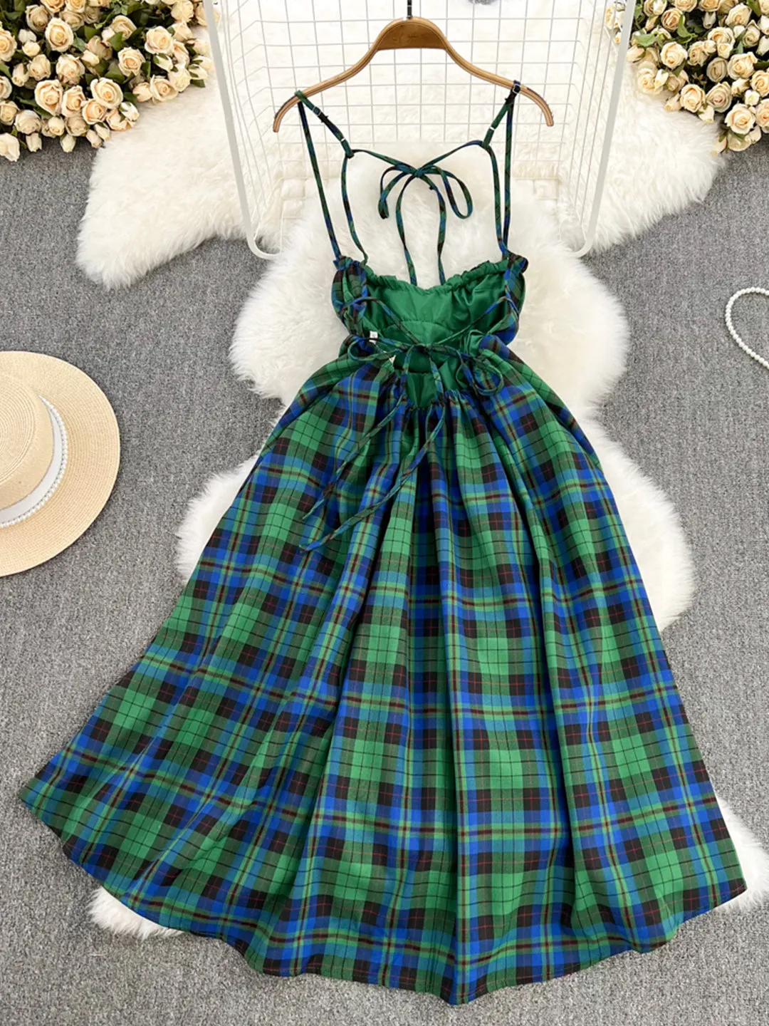 Lovely Green Plaid Halter Dress A-Line Fashion Dress