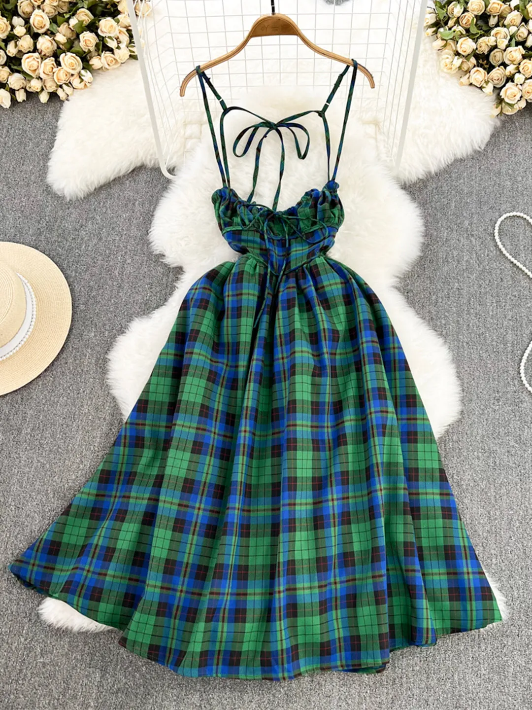 Lovely Green Plaid Halter Dress A-Line Fashion Dress