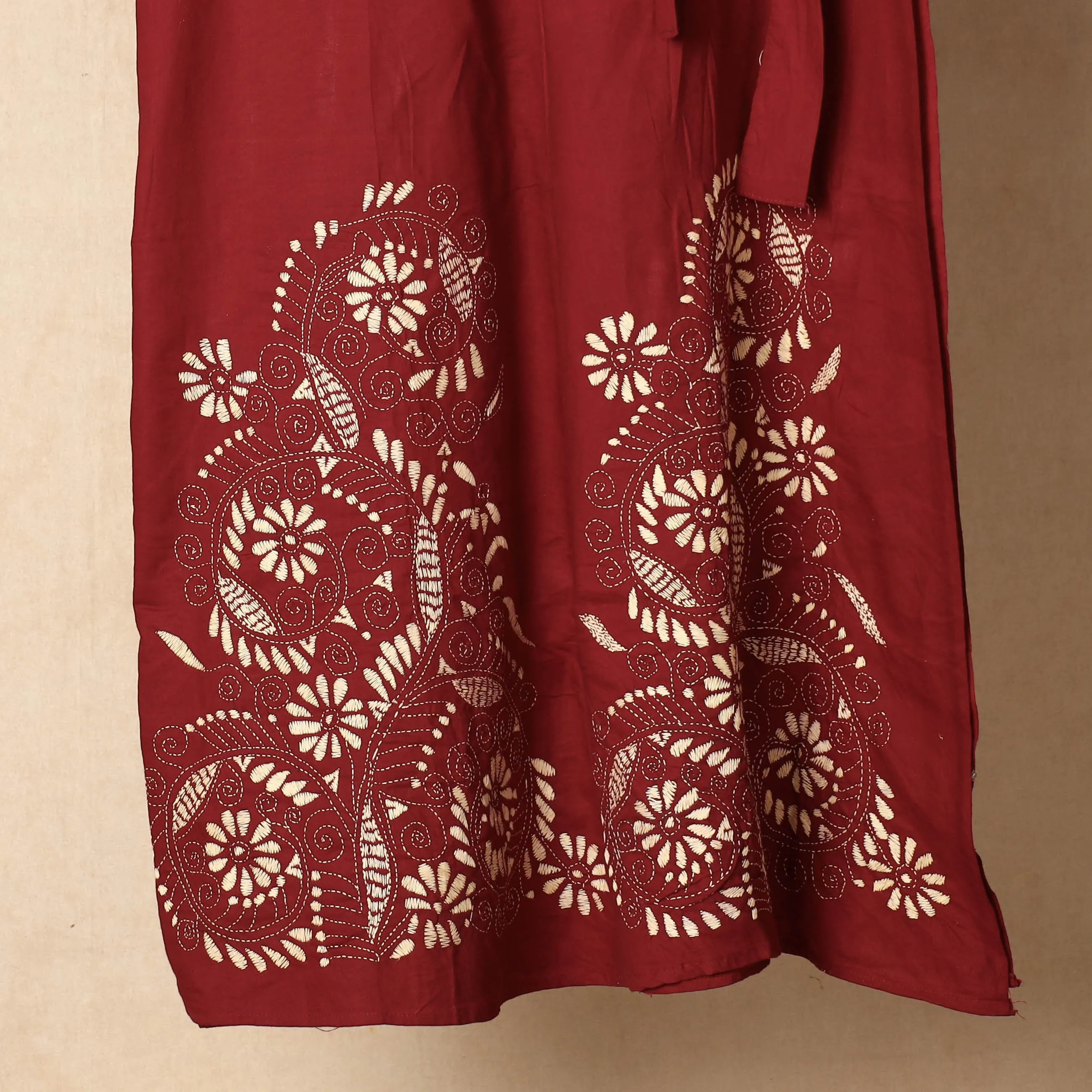 Maroon - Bengal Kantha Embroidery Cotton Wrap Around Skirt