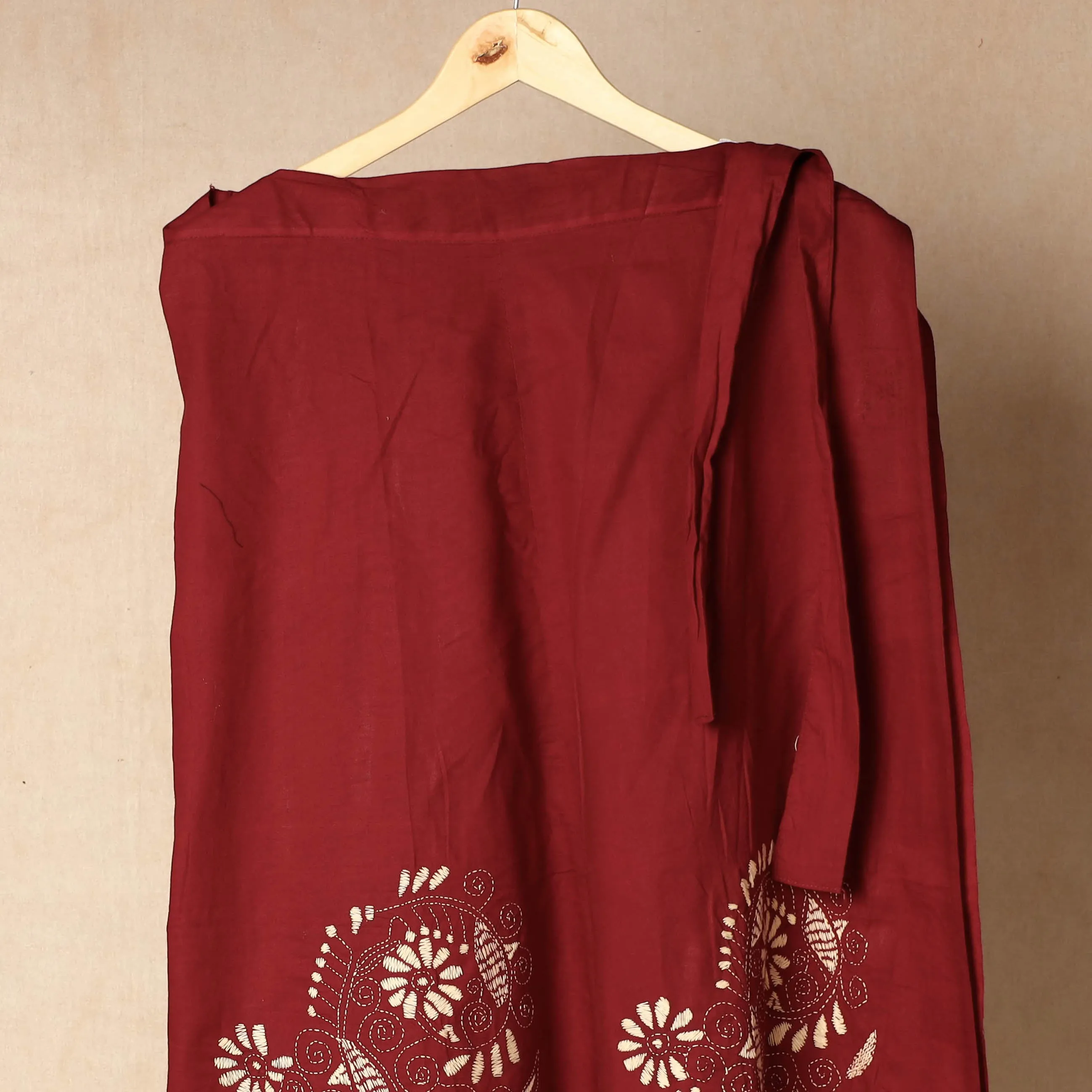 Maroon - Bengal Kantha Embroidery Cotton Wrap Around Skirt