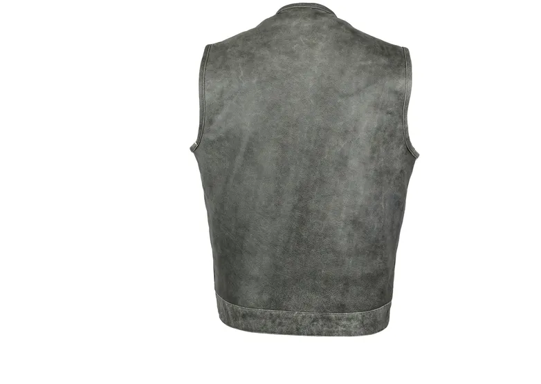 Men's No Collar Gray Leather Motorcycle Vest Hidden Zipper