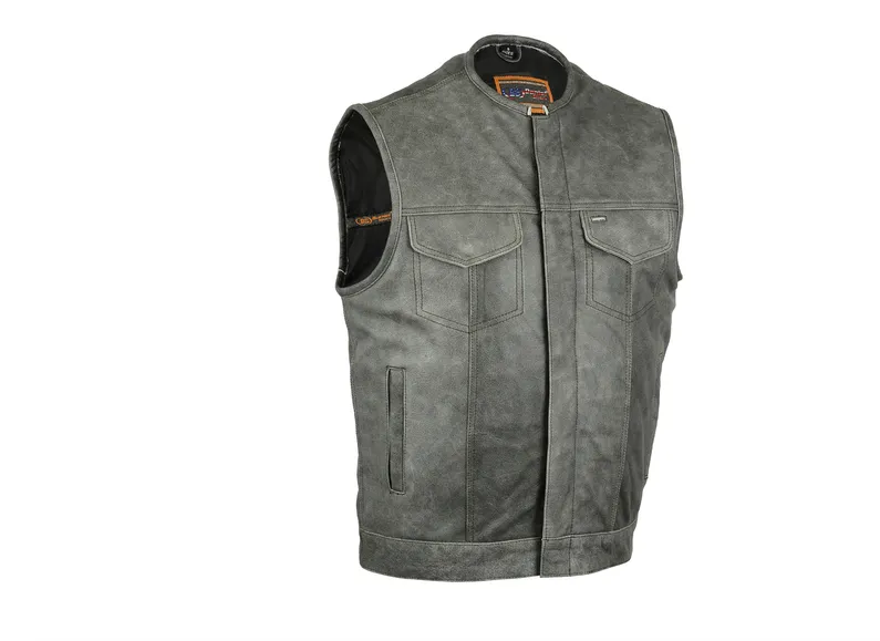 Men's No Collar Gray Leather Motorcycle Vest Hidden Zipper