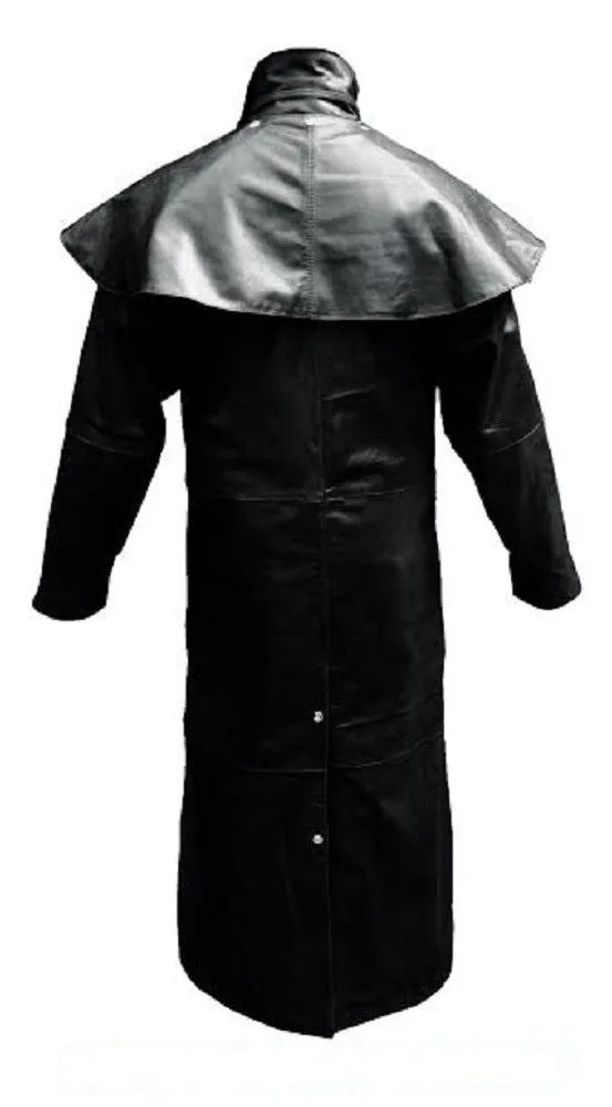 Mens Riding Hunting Trench Coat Black Leather Duster Steampunk (T7-Blk)