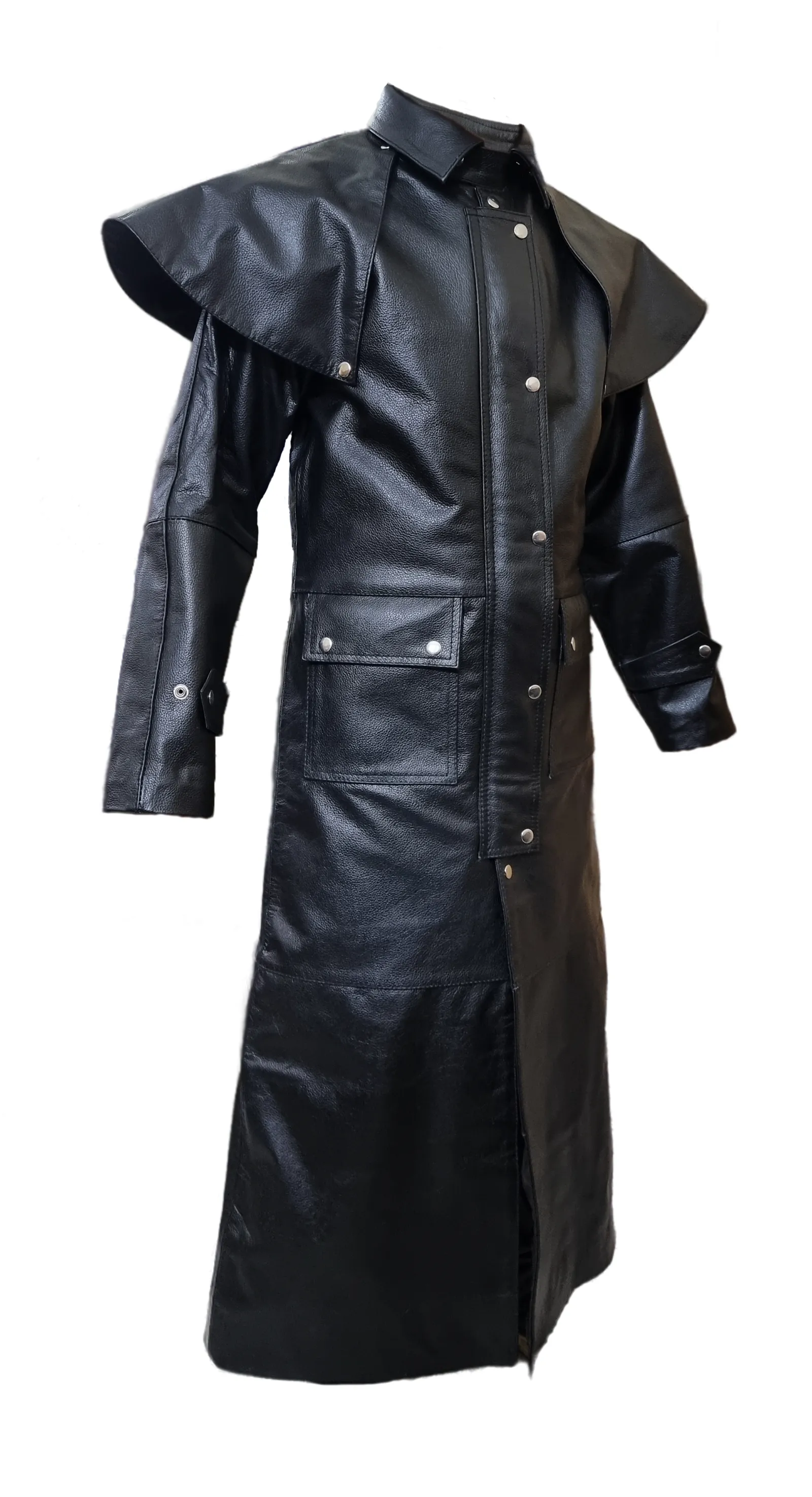 Mens Riding Hunting Trench Coat Black Leather Duster Steampunk (T7-Blk)