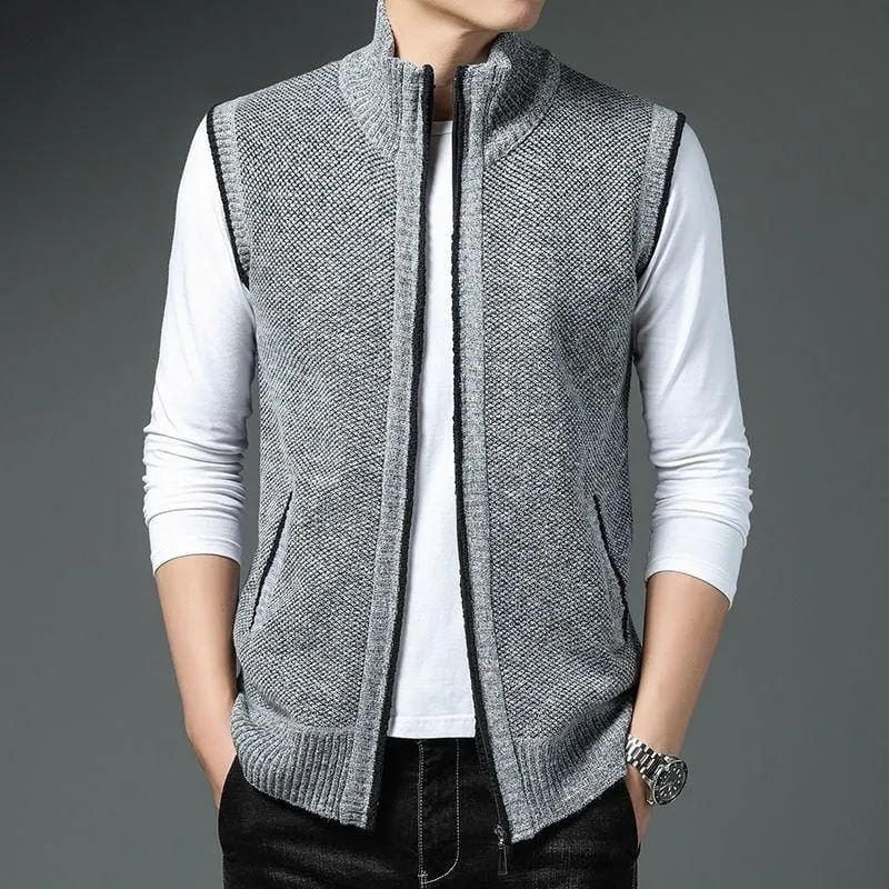 Men's Sweater Vest Knitted Sleeveless Jacket Casual Slim Velvet Thick Winter Warm Hombre Zipper Cardigan S4040188