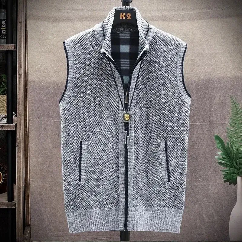 Men's Sweater Vest Knitted Sleeveless Jacket Casual Slim Velvet Thick Winter Warm Hombre Zipper Cardigan S4040188