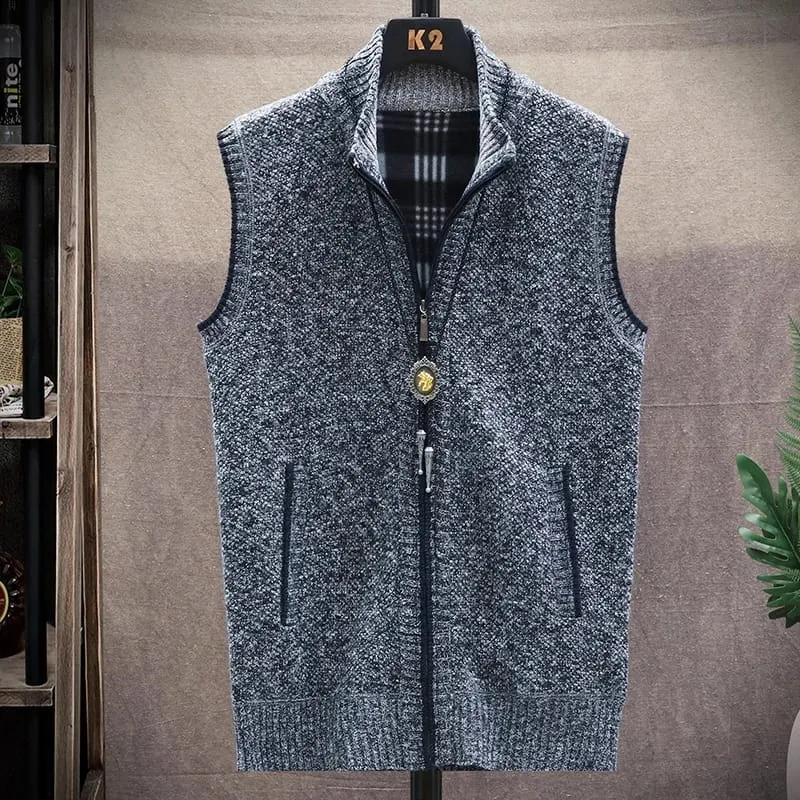 Men's Sweater Vest Knitted Sleeveless Jacket Casual Slim Velvet Thick Winter Warm Hombre Zipper Cardigan S4040188