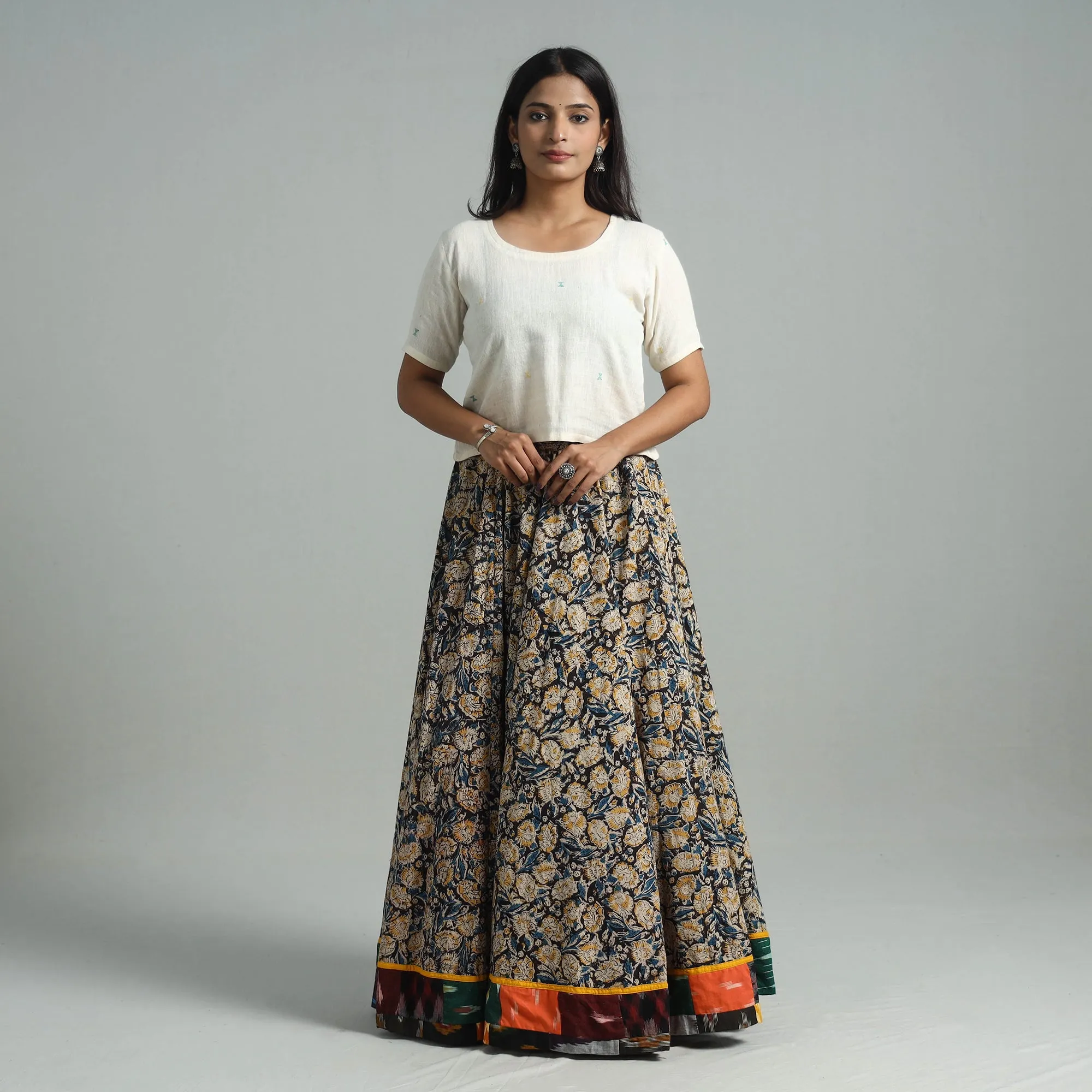 Multicolor - Hand Block Printed Cotton Long Kalamkari Skirt 13