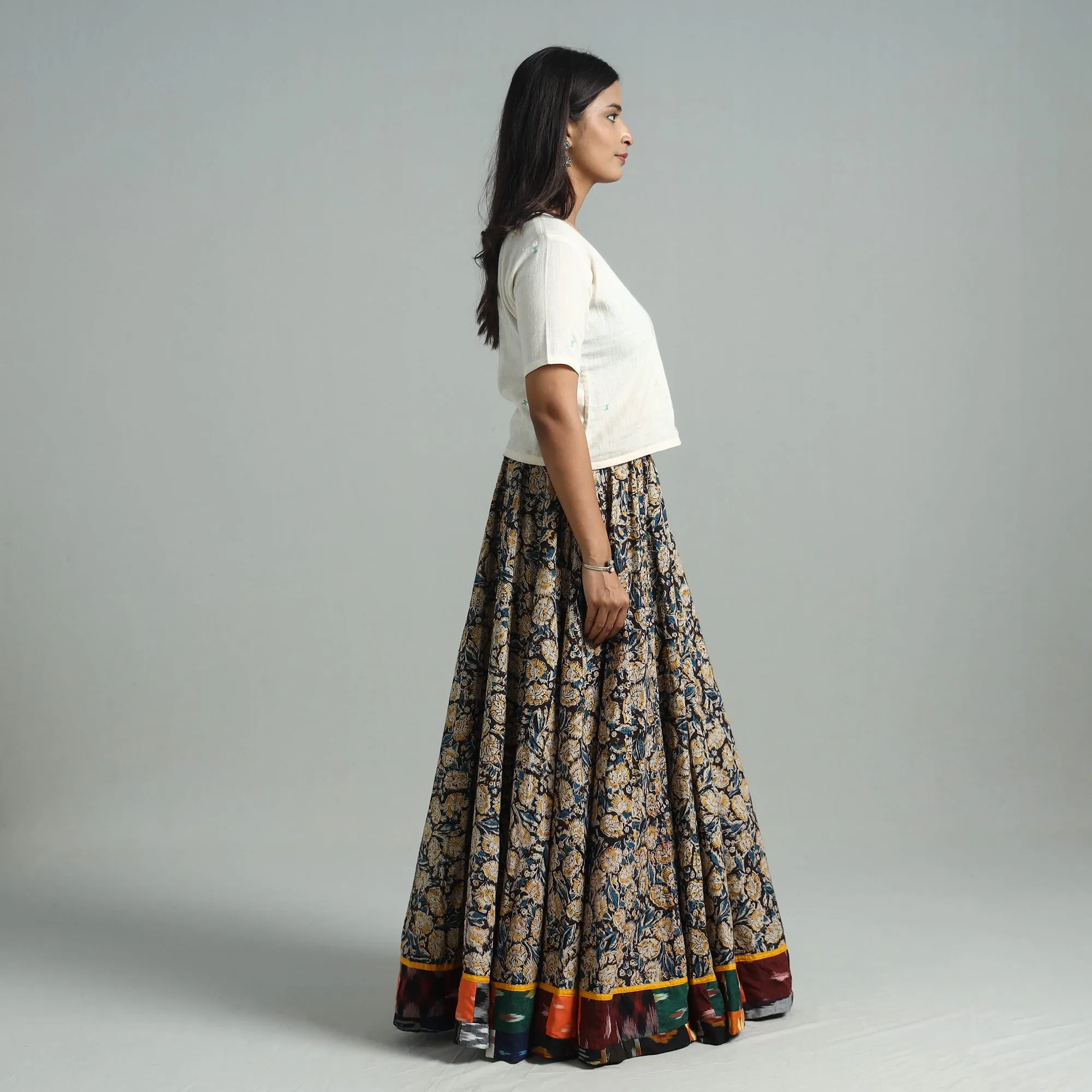 Multicolor - Hand Block Printed Cotton Long Kalamkari Skirt 13