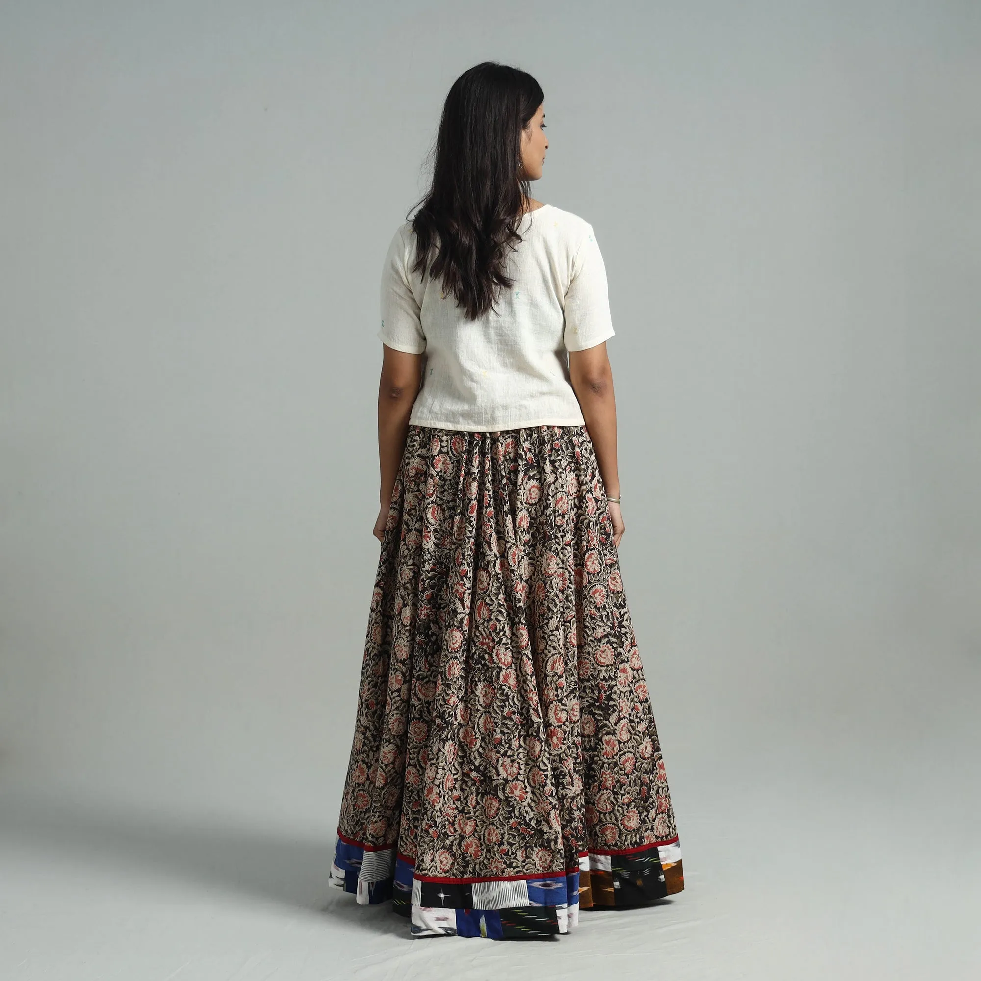 Multicolor - Hand Block Printed Cotton Long Kalamkari Skirt 16