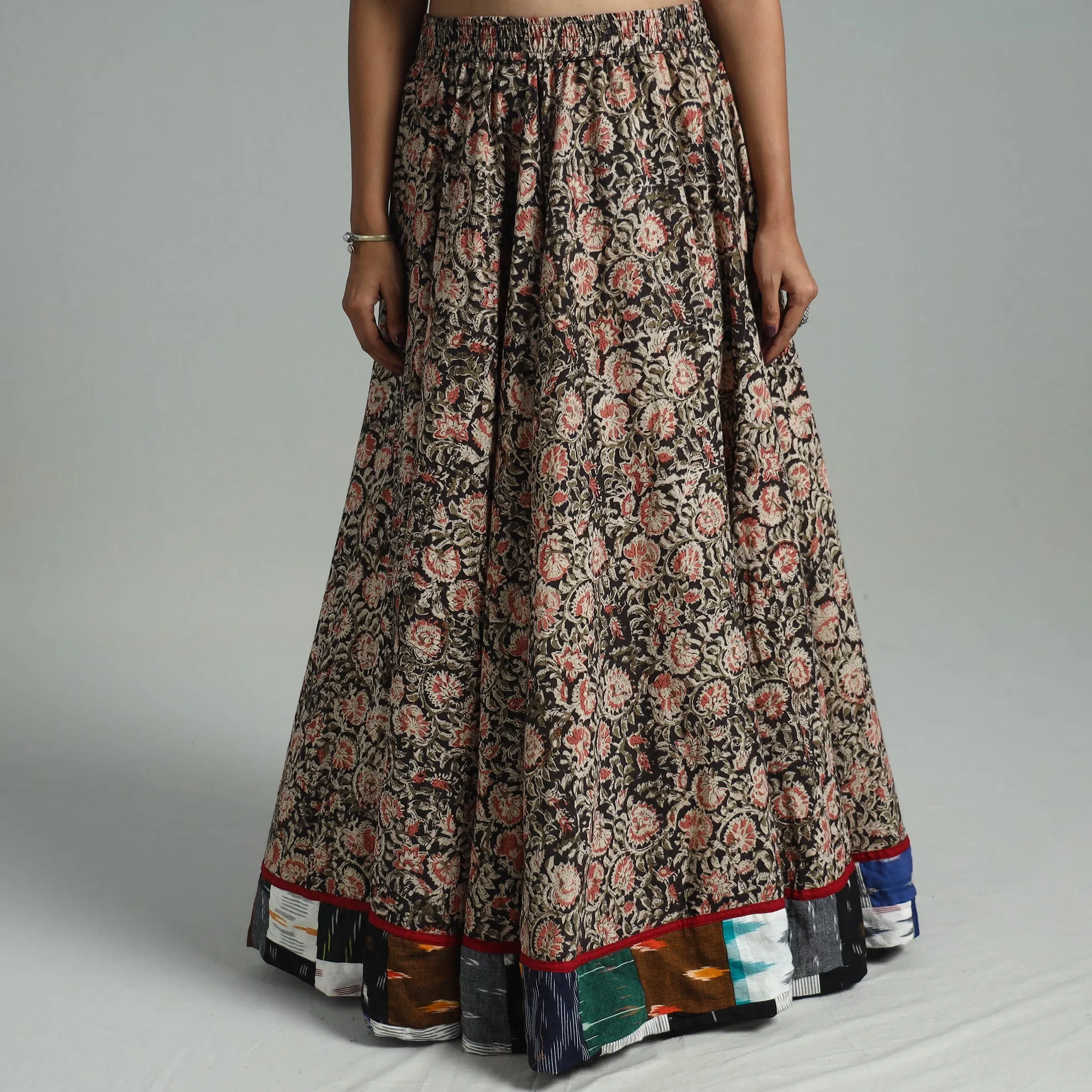 Multicolor - Hand Block Printed Cotton Long Kalamkari Skirt 16