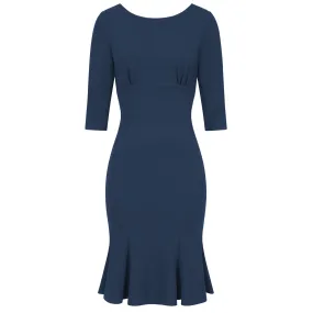 Navy Blue 1940's Vintage 3/4 Sleeve Bodycon Peplum Hem Dress