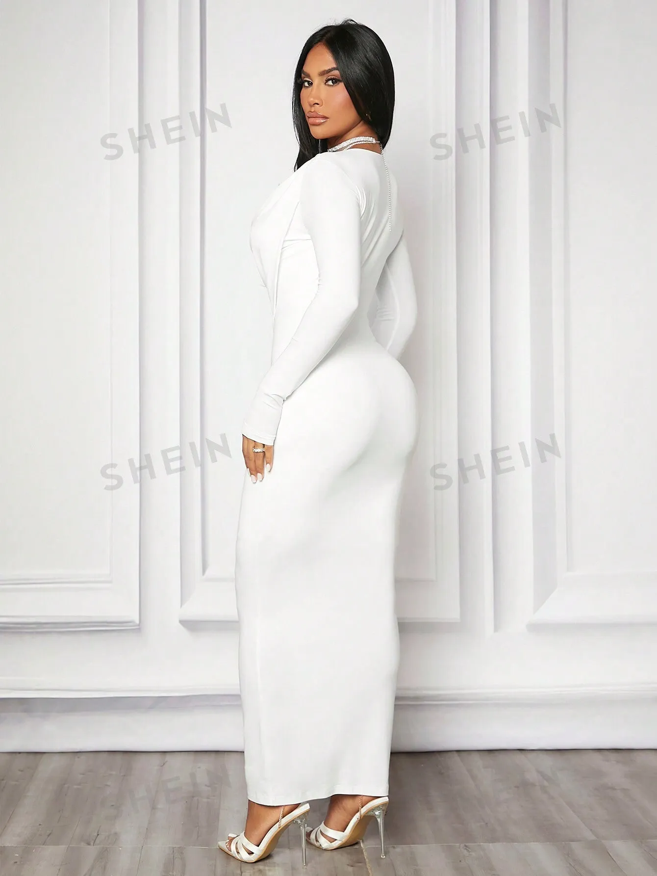 Off-Shoulder Super Stretchy Bodycon Long Sleeve Dress With Flounce Neckline