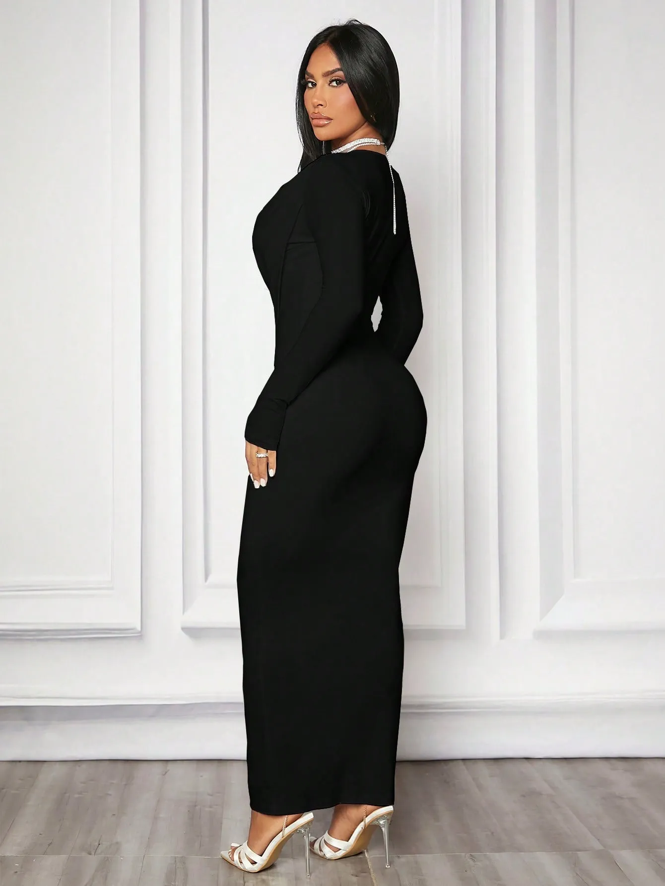 Off-Shoulder Super Stretchy Bodycon Long Sleeve Dress With Flounce Neckline