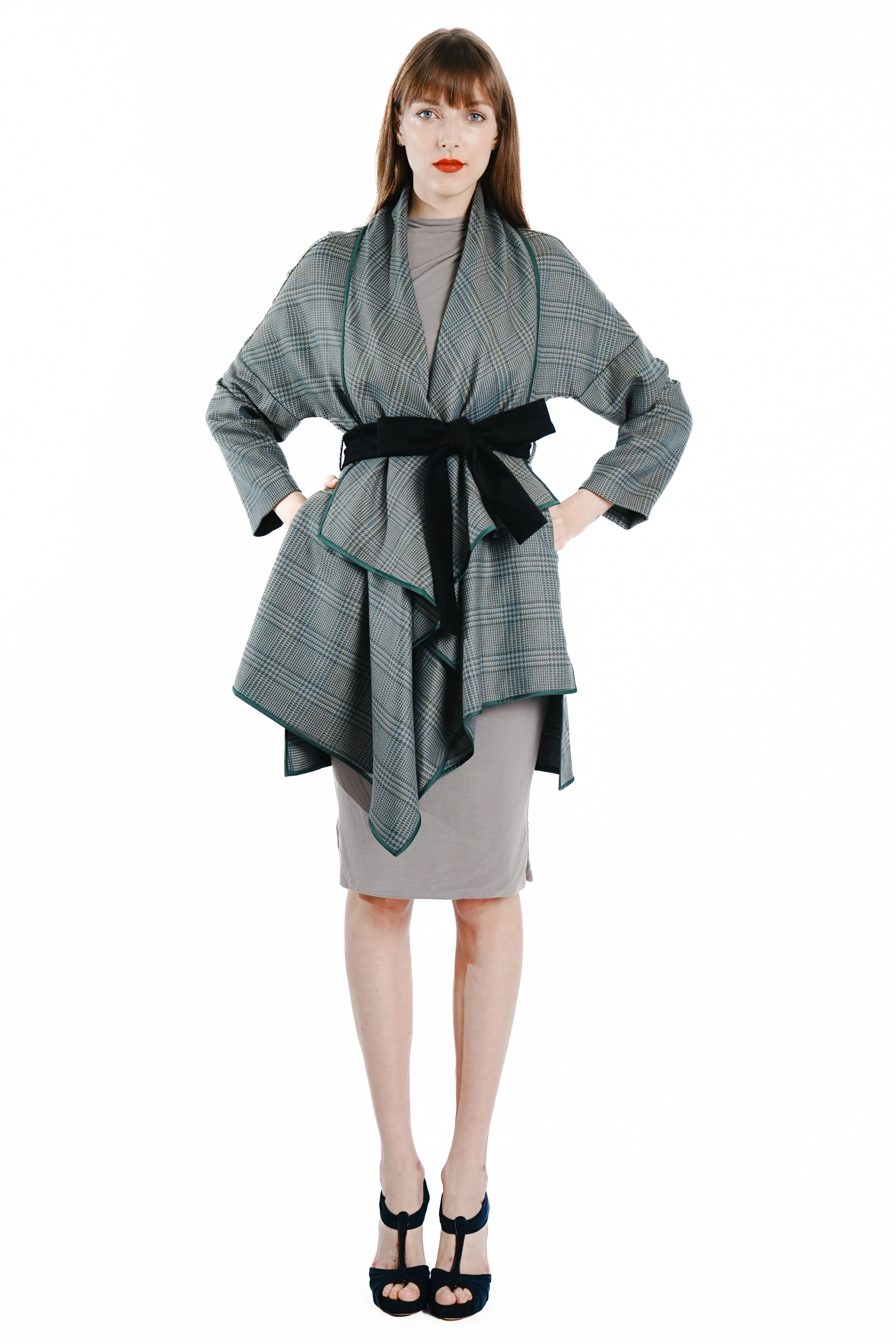 Oma Checkered Wrapped Coat with Satin Trim