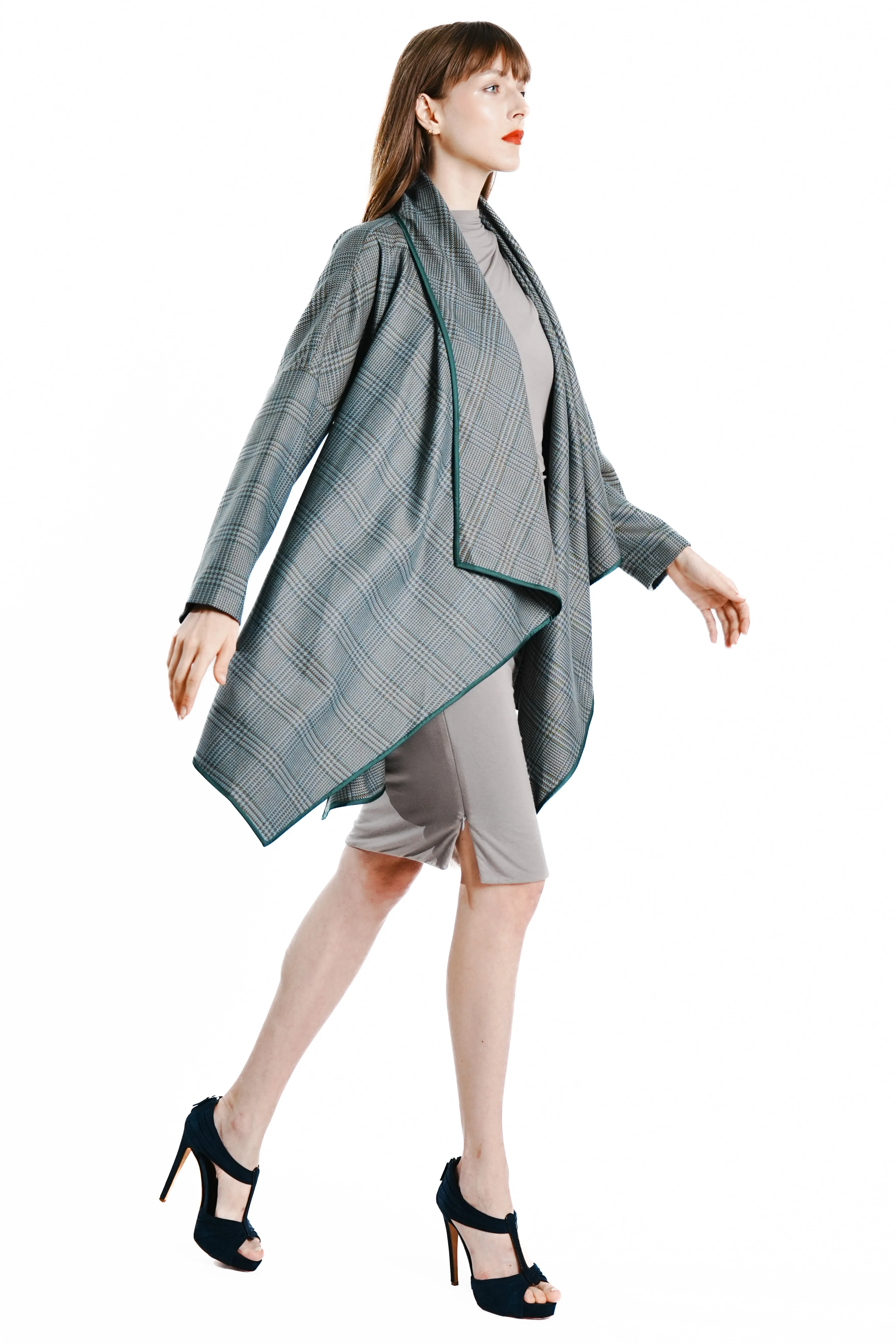 Oma Checkered Wrapped Coat with Satin Trim