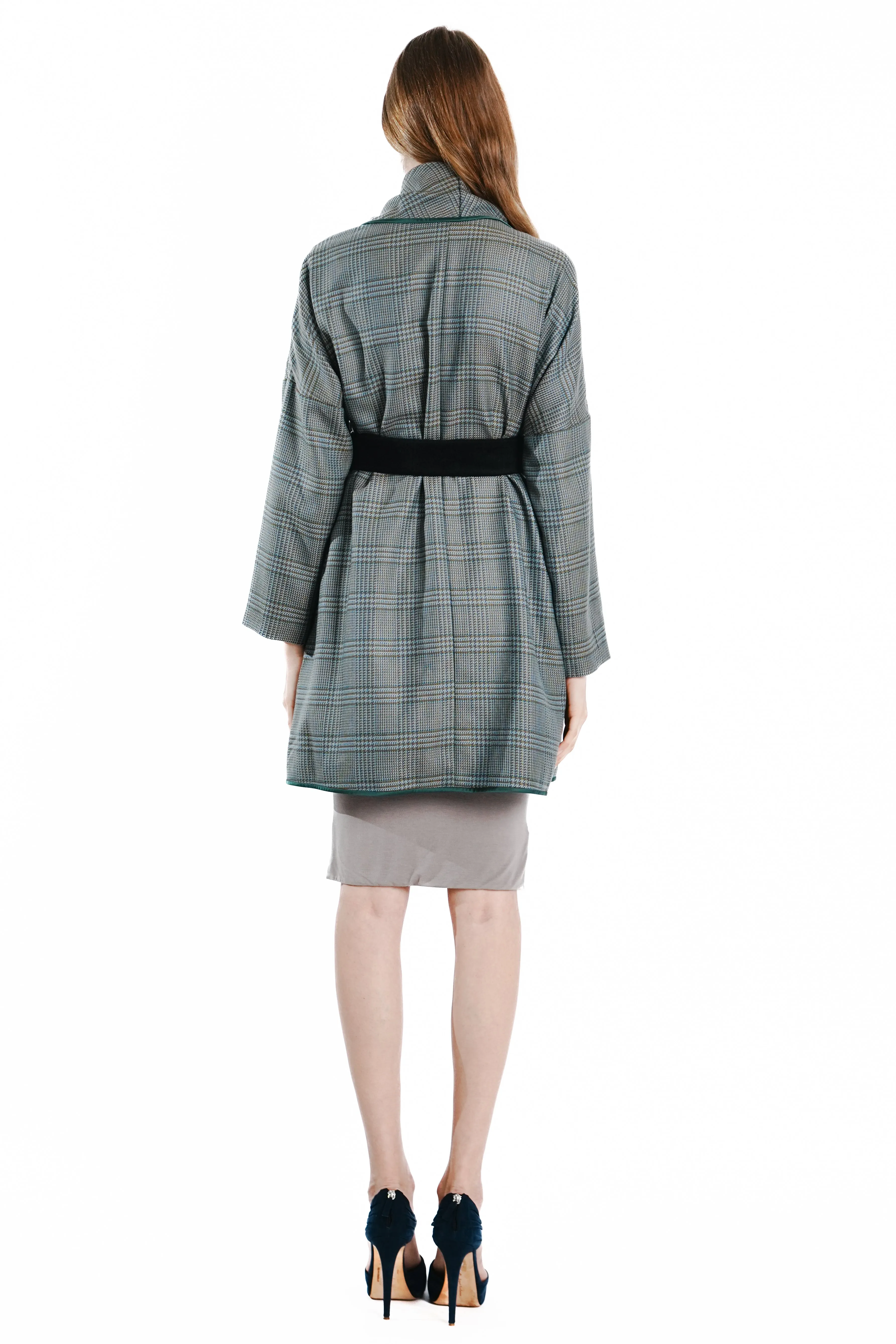 Oma Checkered Wrapped Coat with Satin Trim