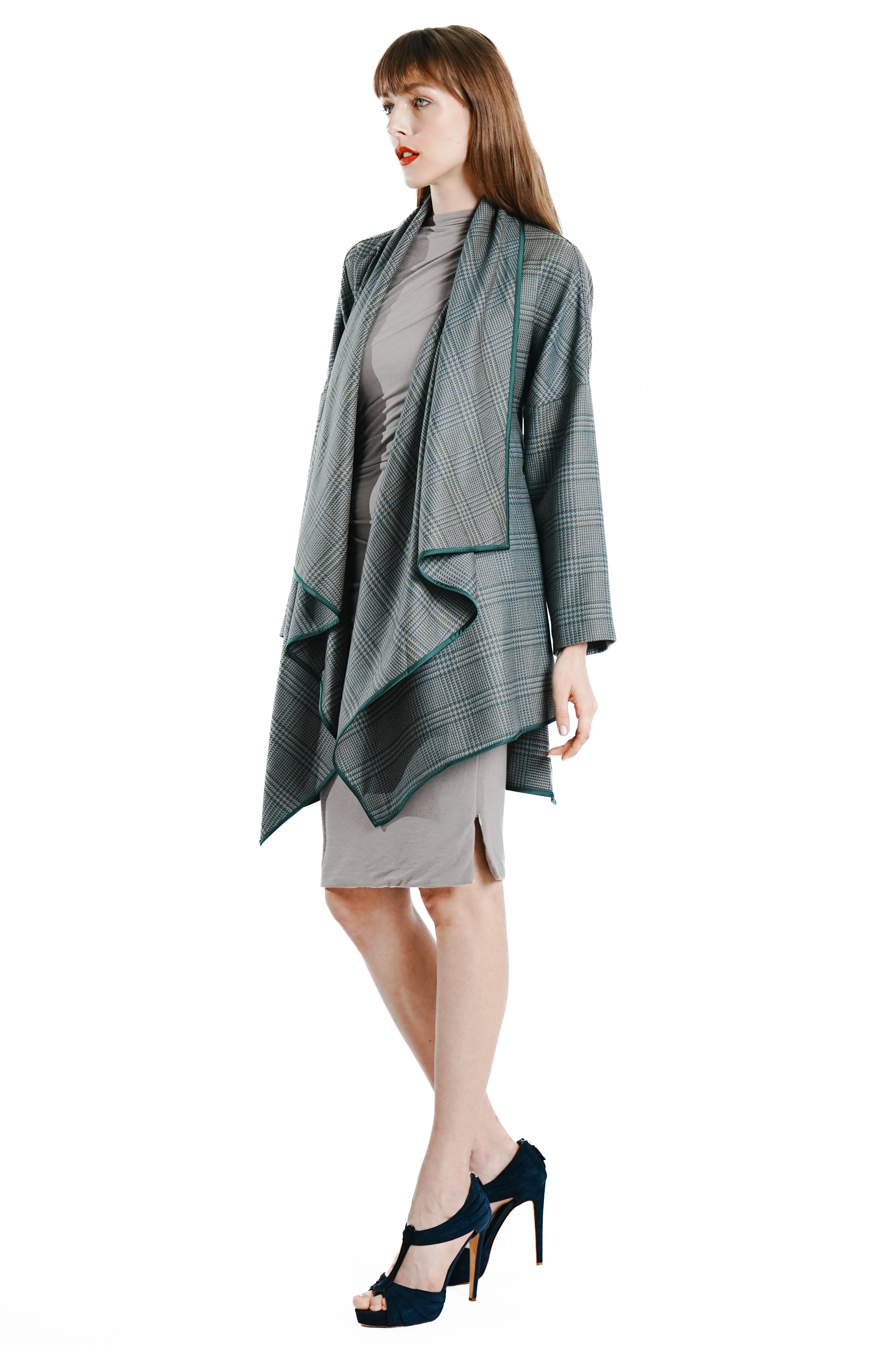 Oma Checkered Wrapped Coat with Satin Trim