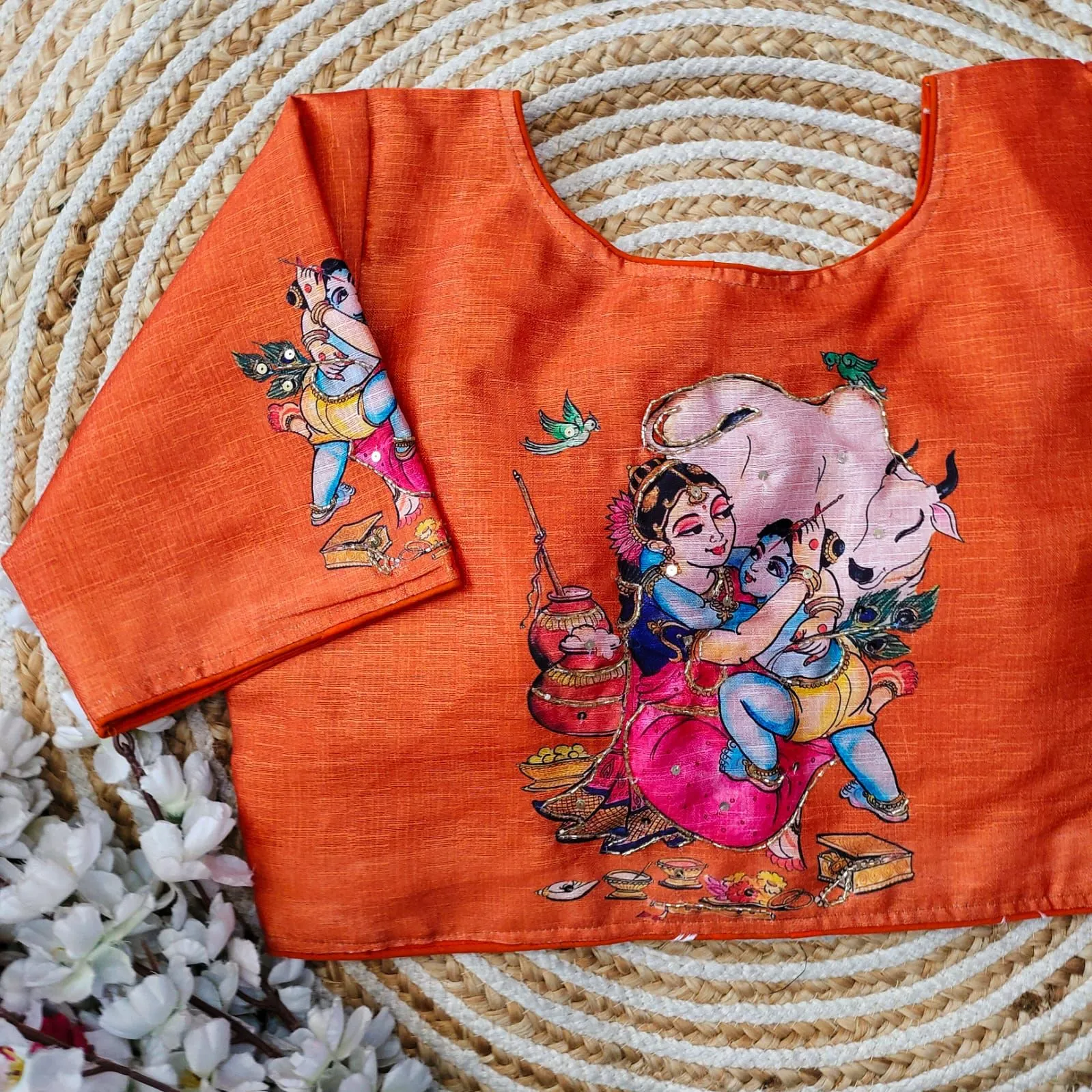 Orange Pure Silk Blouse with Antique Handcrafted Work